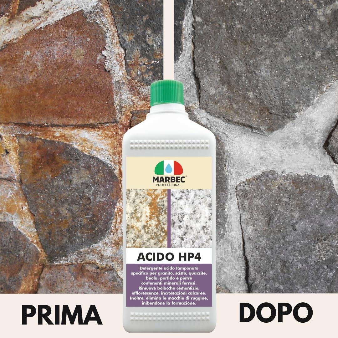 MARBEC ACIDO HP4 5LT Detergente acido tamponato specifico per la pulizia disincrostante di pavimenti in porfido, granito e pietre contenenti materiali ferrosi.