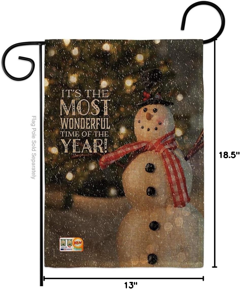 Most Wonderful Time Snowman Burlap Garden Flag Wintertime Winter Wonderland Snowflake Ice Skate Season Snow Small Decorative Gift Yard House Banner Double-Sided Made In USA 13 X 18.5