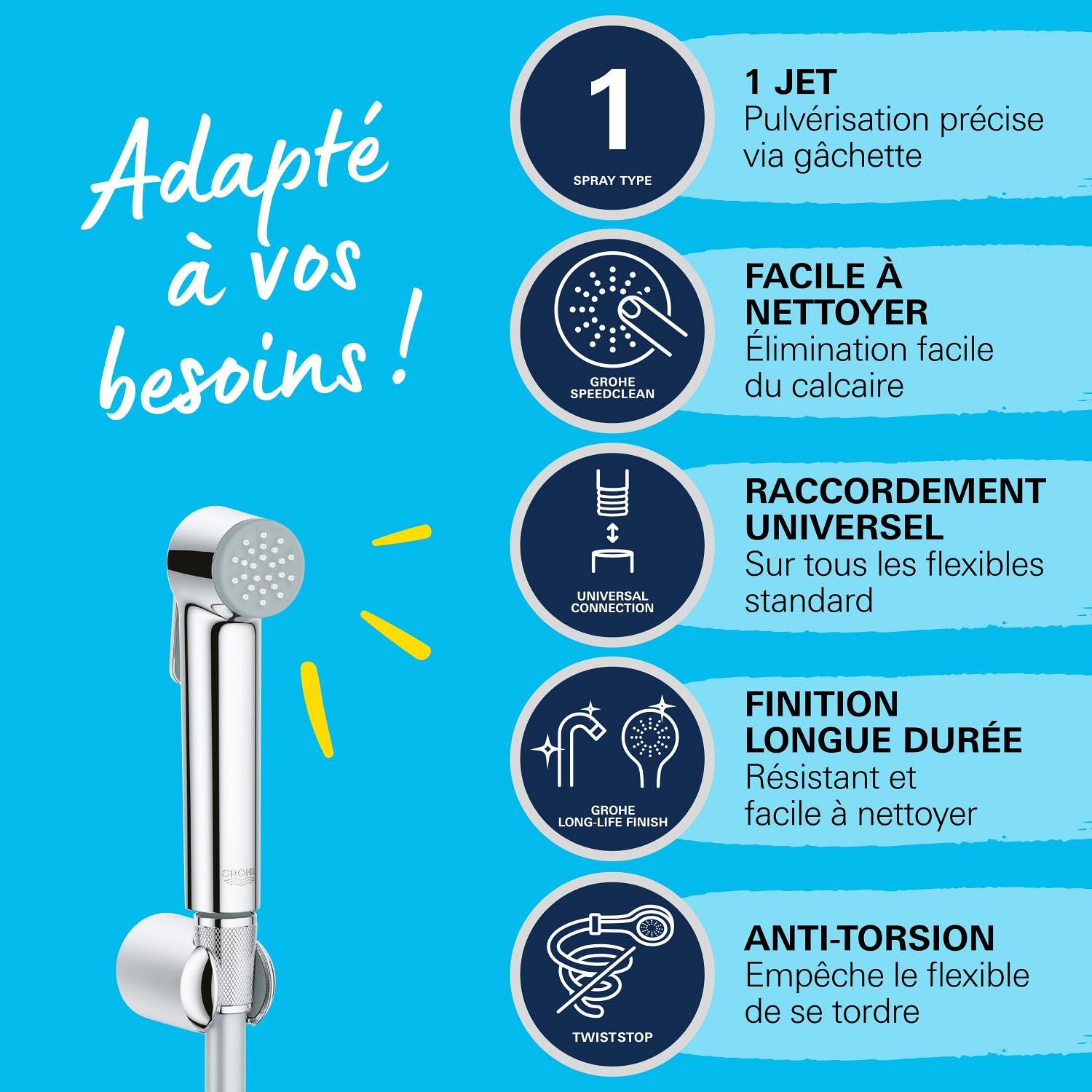 GROHE Vitalio Trigger Spray 30 Ensemble Pommeau de Douche (Douchette hygiène intime avec gâchette 1 jet, Support mural, Flexible de douche SilverFlex anti-torsion 1, 25m), Chromé, 26175001