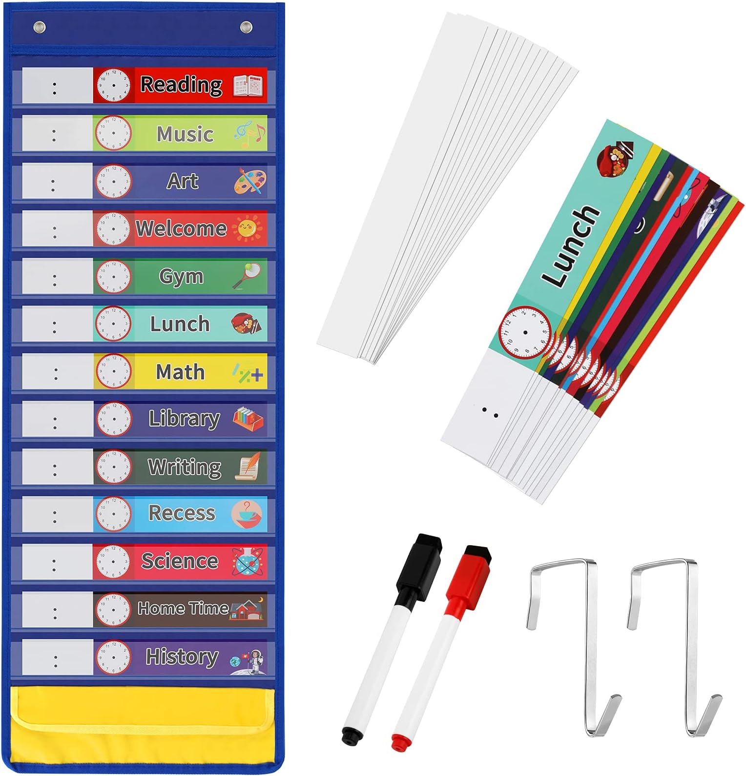 Daily Schedule Pocket Chart, 13+1 Pocket Visual Schedule Chart, 18 Double-Sided Blank Reusable Dry-Eraser Cards, Educational Schedule Charts for Classroom Homeschooling Toddlers（Blue)