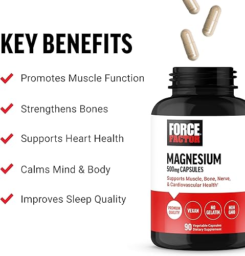 Miniatura 2 de Force Factor Suplemento de magnesio para apoyar los músculos, huesos, nervios y salud cardiovascular, fabricado con glicinato de magnesio, citrato