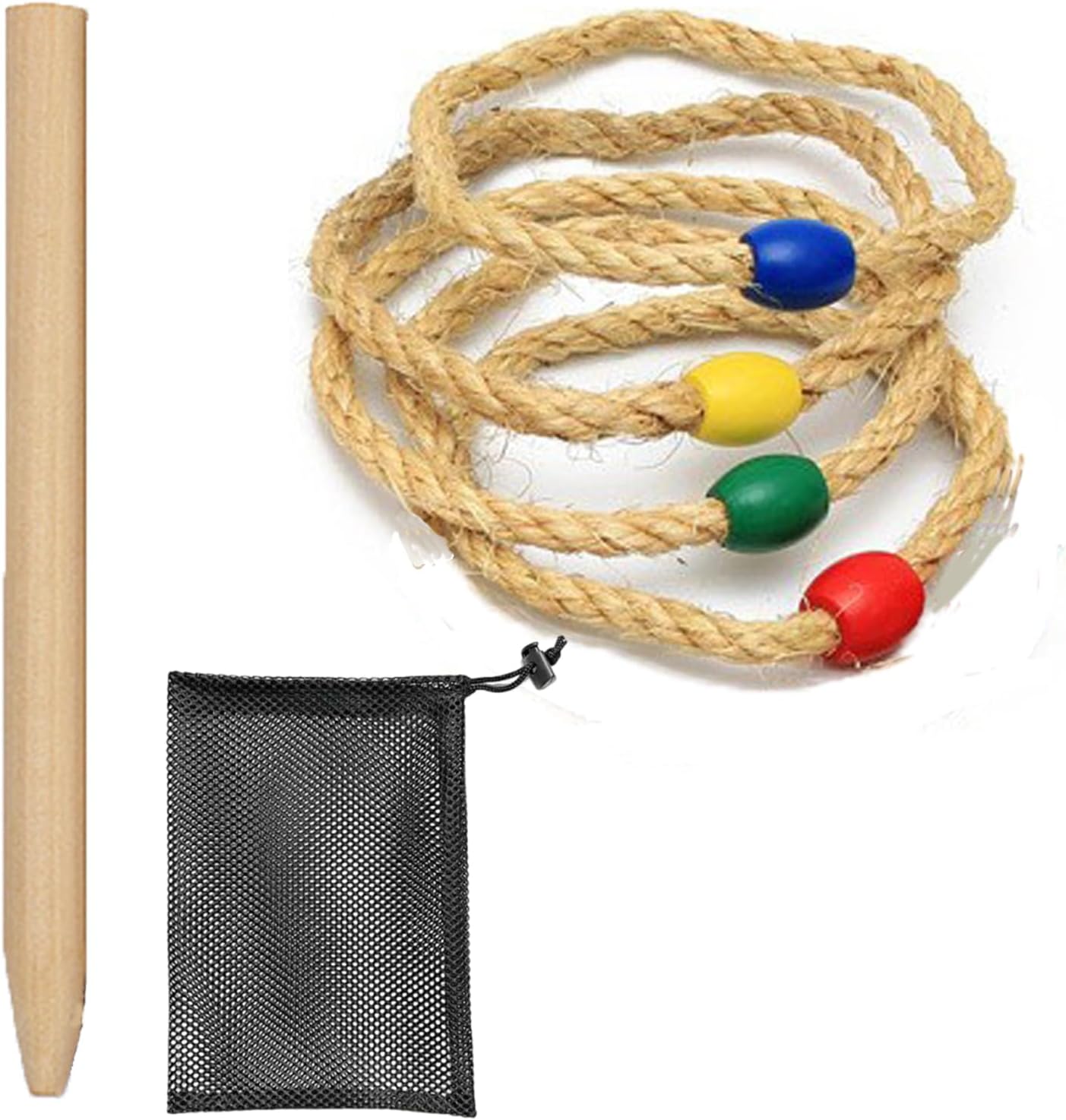 Set of 6 Ring Toss Game Tools, 4 Quoits, 1*bag and 1*friendly Wooden Stick,Hoopla Ring Toss Toys, Indoor and Outdoor Quoits Games for Lawn Beatch Family Party (Red, Blue, Yellow, Green)