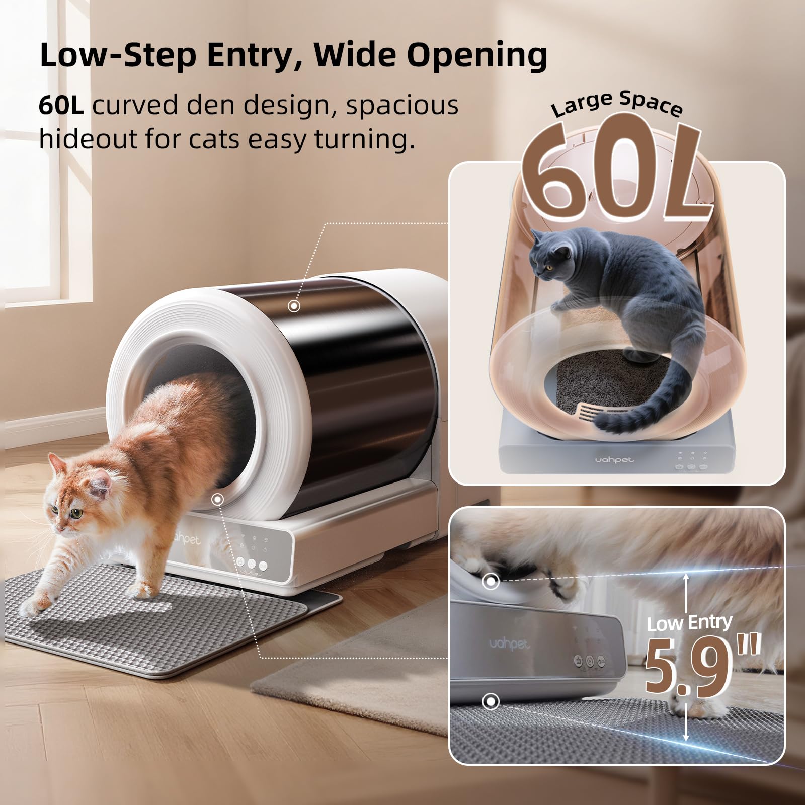 uahpet Stainless Steel Self Cleaning Cat Litter Box, Automatic Cat Litter Box with APP Control, Lower Entry, Safety Sensors Includes Mat & Trash Bags - image 6