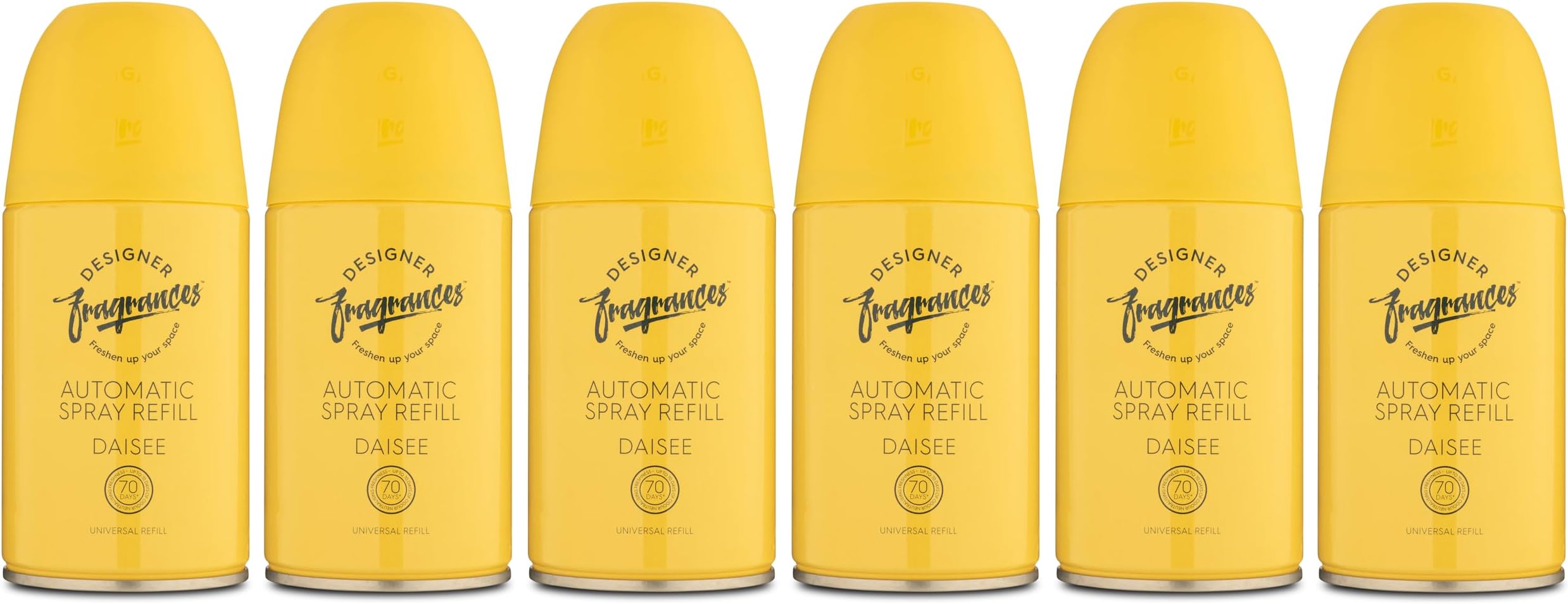 Designer Fragrances 6個パック デイジー 自動ルームスプレー ユニバーサル詰め替え用芳香剤缶 - ご家庭&車用 – 最大70日間の贅沢で持続する香り - 消臭&中和 – 250ml