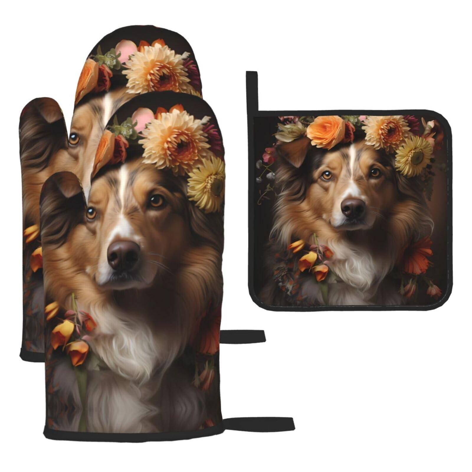 Juego de guantes y alfombrillas para repostería, set de 3 piezas con tierno diseño de perrita