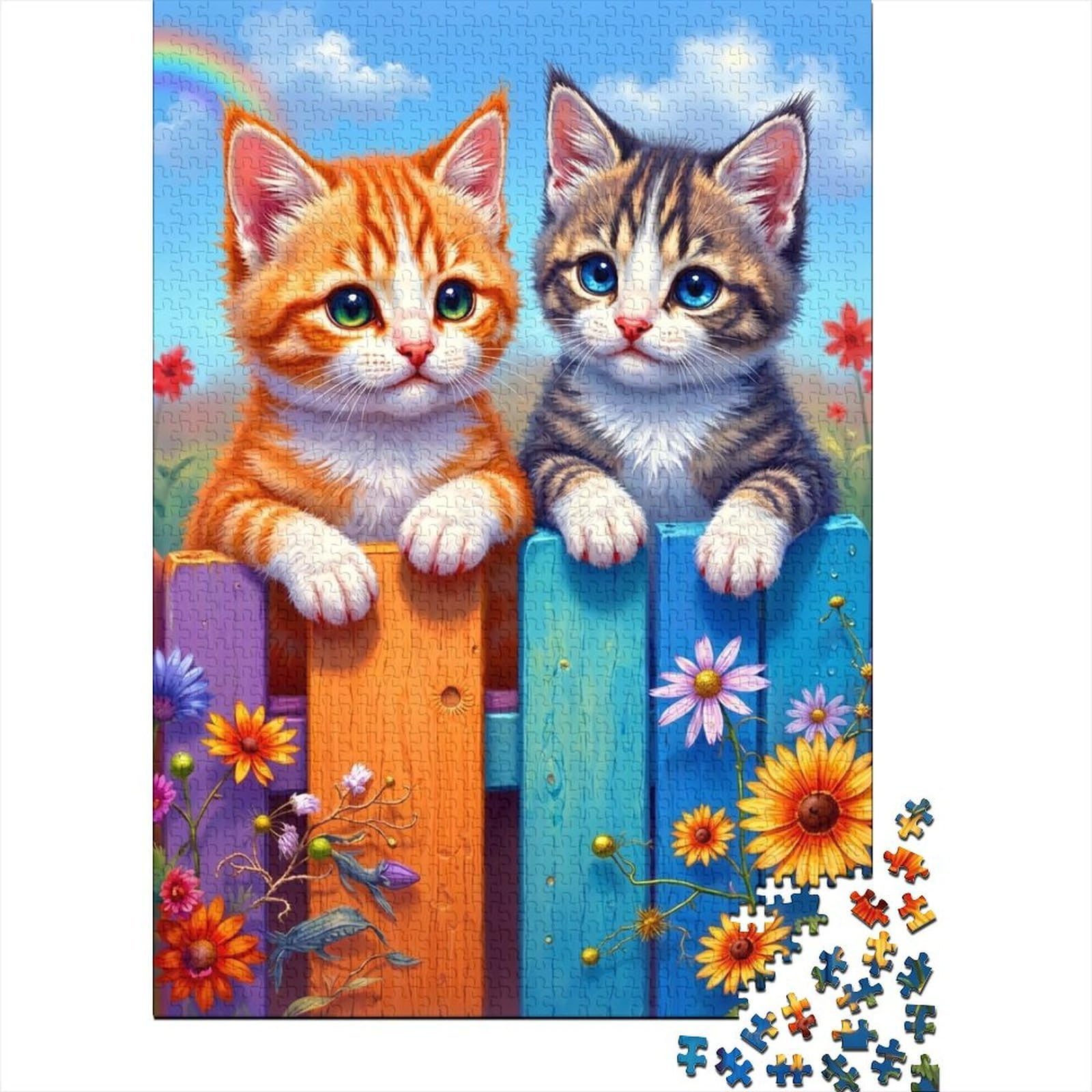 Cute Kittens 1000 Piece Jigsaw Puzzle Colorful Wooden Fence Jigsaw Puzzle for Adults Paper for Relaxation Focus 52x38cm/1000pcs