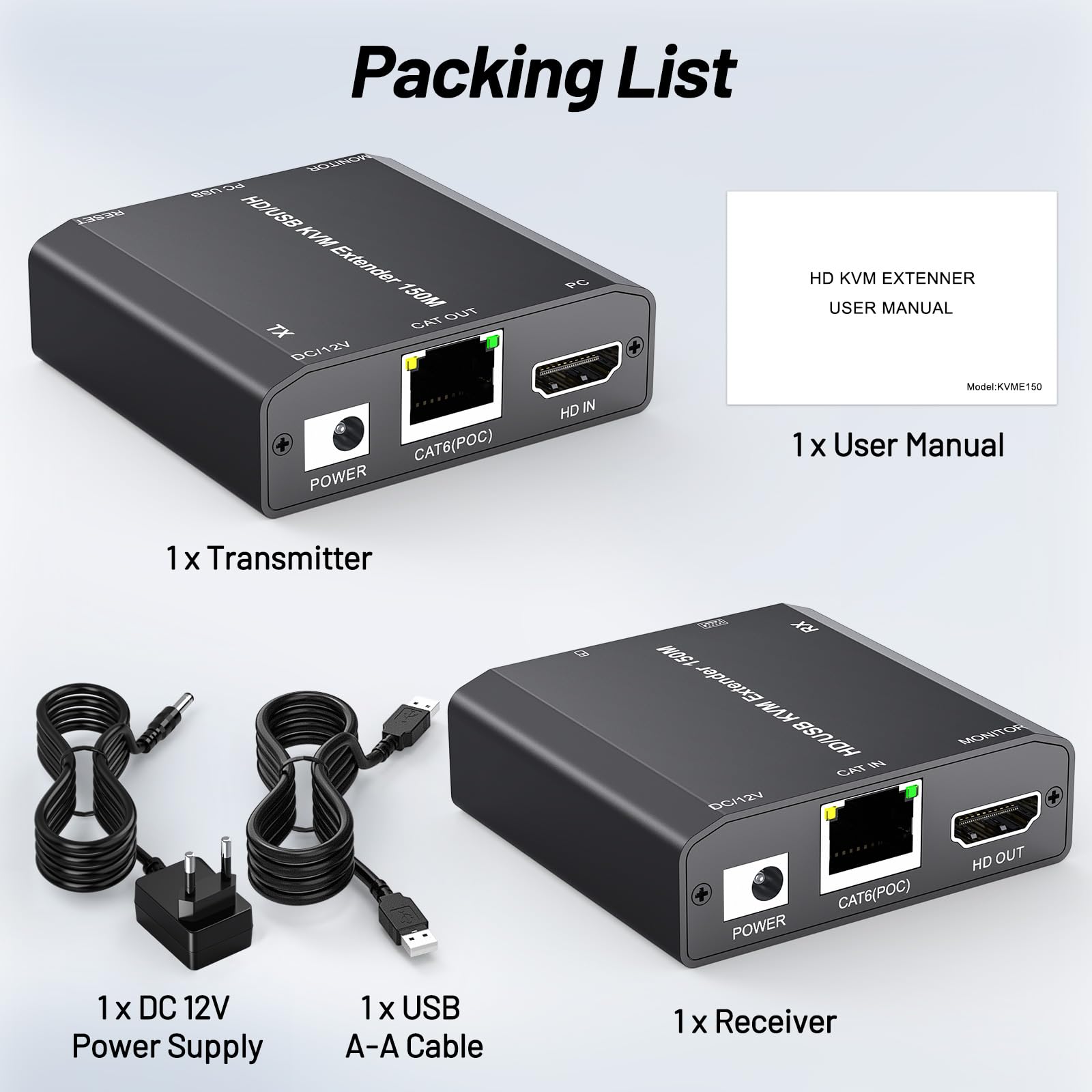 Extension KVM USB HDMI KVM USB HDMI sur CAT6 / CAT5e jusqu'à 150 m, latence sans perte, Plug and Play, 1080P@60Hz, Loop Out, POE, souris et clavier à distance PC