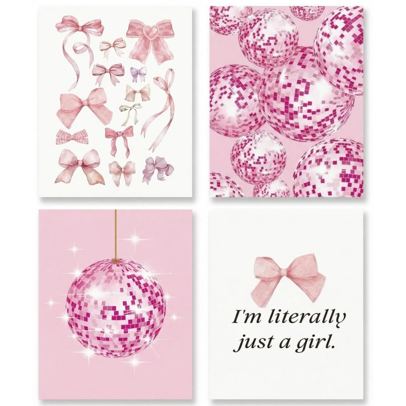4Pcs Preppy Pink Wall Art Prints 15x20cm Aesthetic Room Photos Decor Posters with Bow Cherry Disco Ball Unframed Canvas Pictures Cute Coquette Gift Set for Teen Girls Bedroom Dorm Living Room (Pink G)