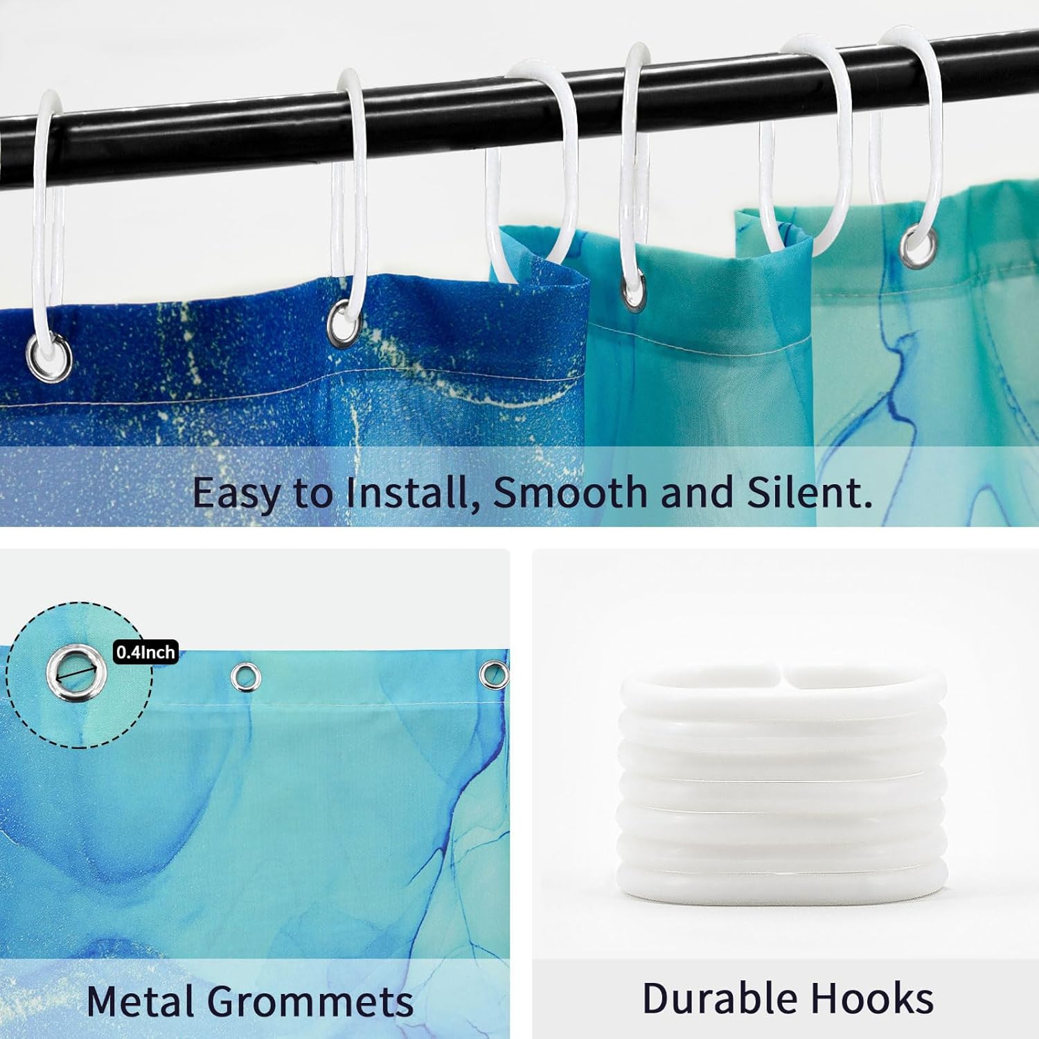 Gibelle Blue Marble Shower Curtain, Abstract Royal Blue Fabric Shower Curtain for Bathroom, Modern Ombre Watercolor Ink Art Shower Curtain Set with Hooks, 72 x 72
