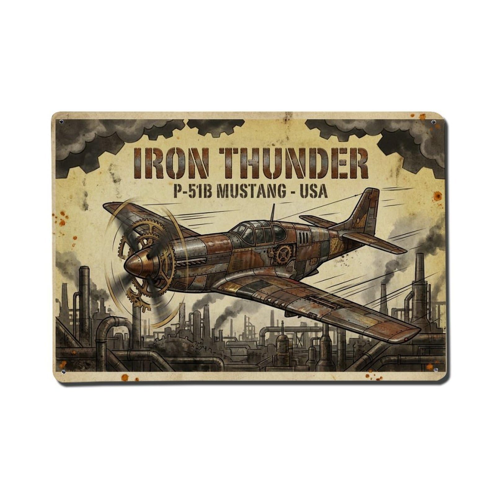 Diesel Punk P-51B Mustang WWII Fighter Aircraft Metal Tin Sign Plaque Wall Decor for Cafe, Man Cave, Club Bar, Office, Home Garden Round Metal Poster 8x12Inch