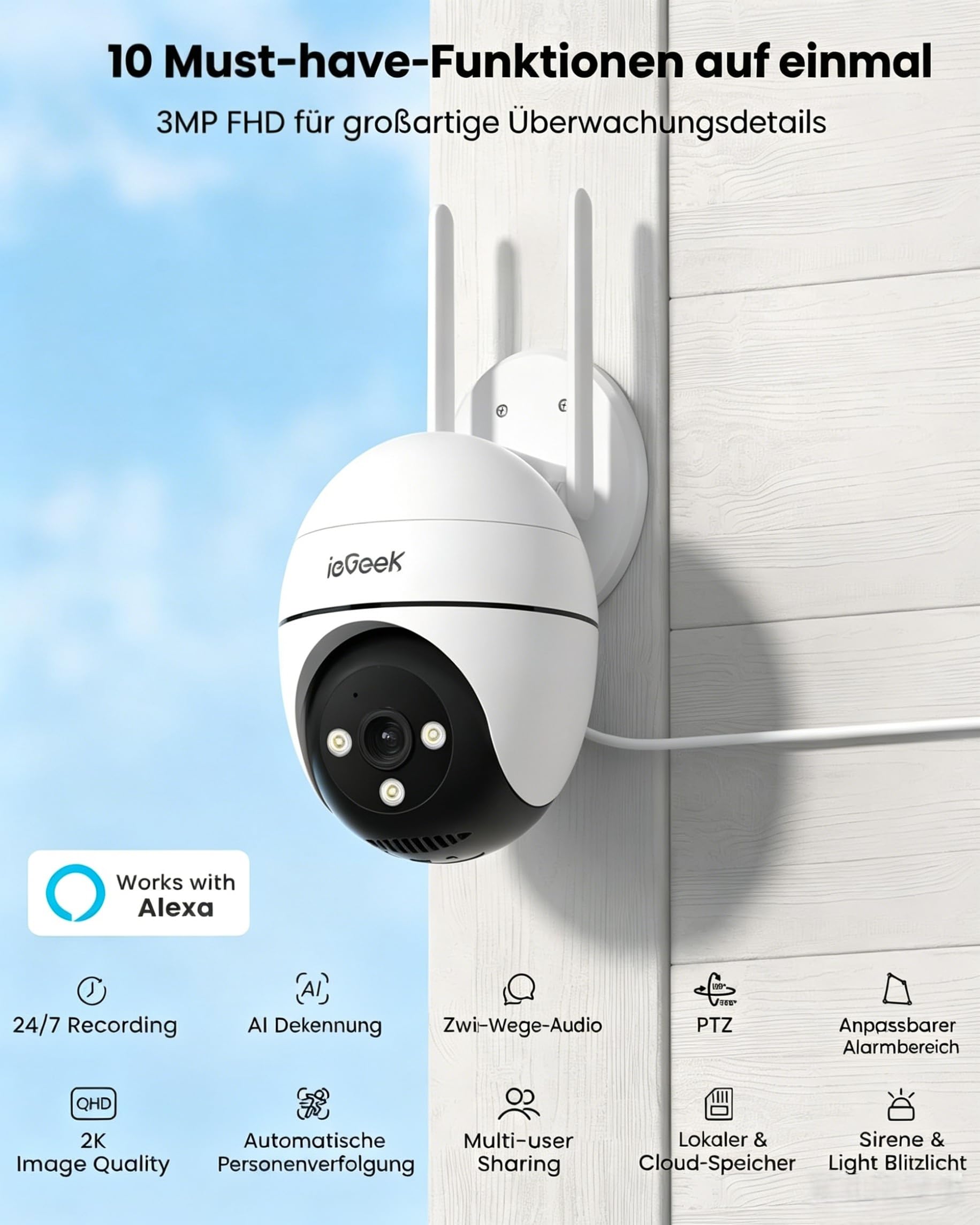 ieGeek 2K Überwachungskamera Aussen mit Kabel - 2,4/5G & 360°PTZ, 2 Stück | Automatische Verfolgung, WiFi Dome Outdoor IP Kamera, Farbige Nachsicht, Bewegungserkennung, Zwei-Wege-Audio, 24/7 Aufnahme