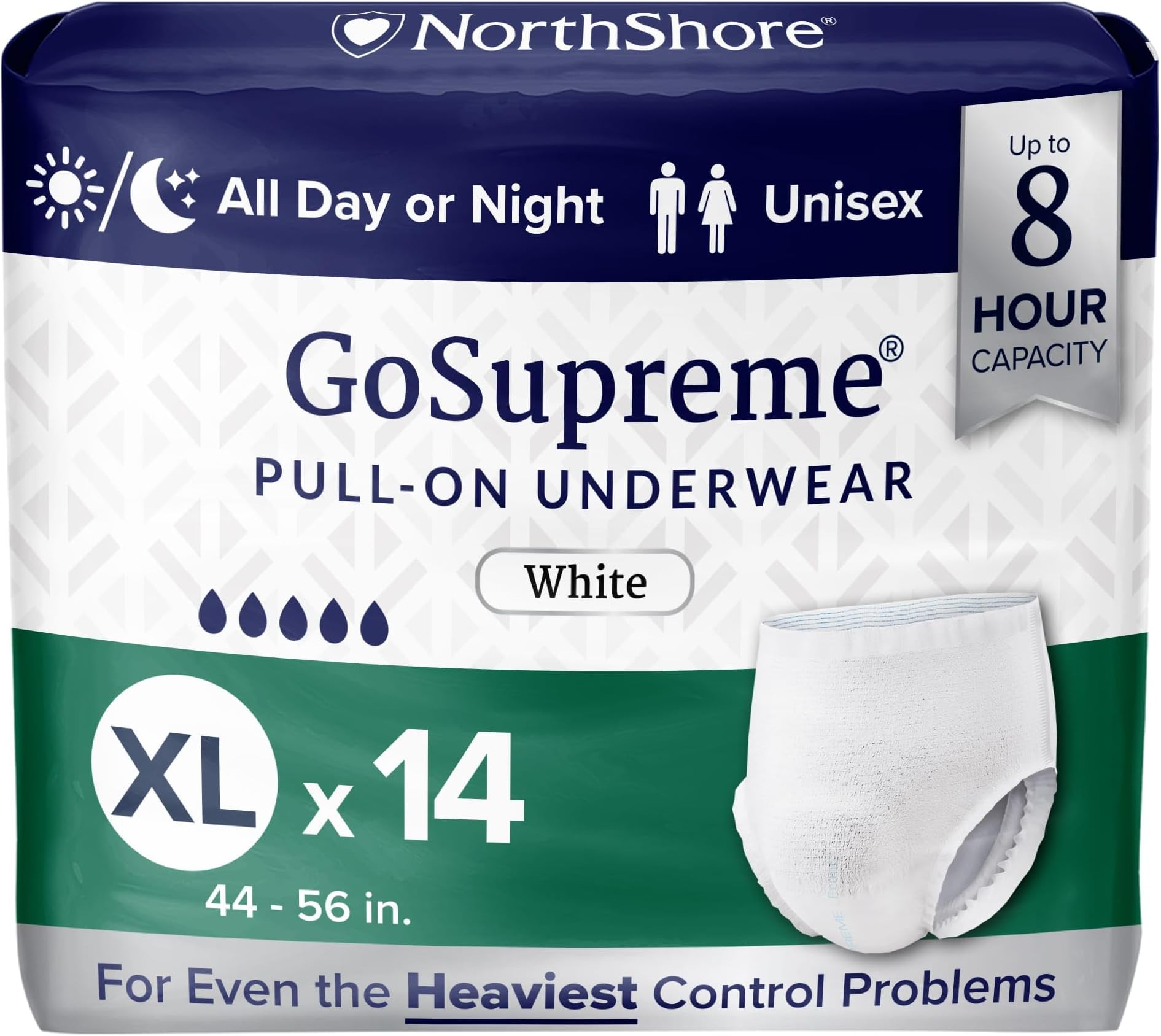 GoSupreme Overnight Pull-On Underwear, 8-Hour Leak Protection, X-Large, 14-Count Bag, White, (44-56 in Waist), Unisex Adult Diapers