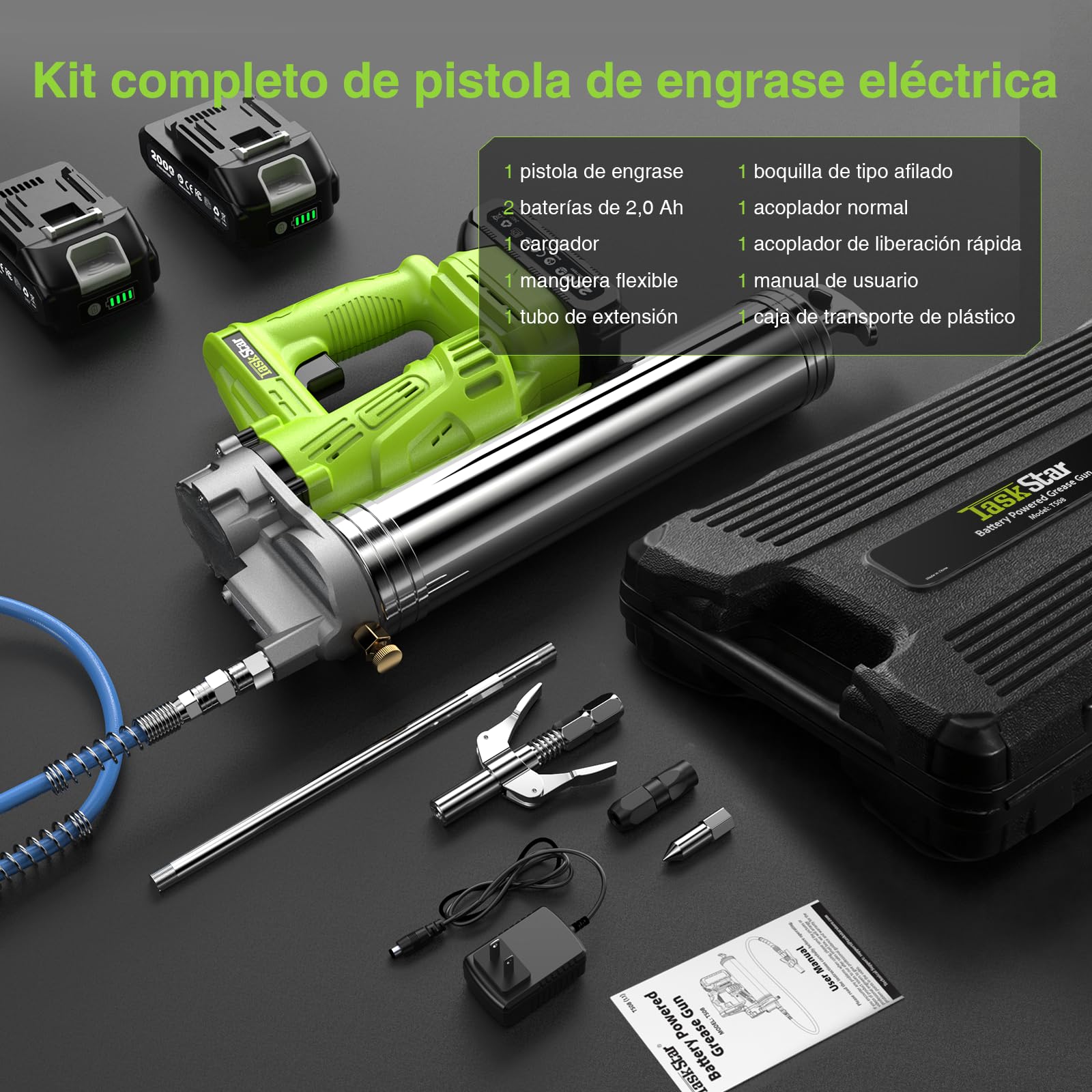 TaskStar Engrasadora Bateria de Alta Eficiencia: 10000 PSI Pistola de Engrase con 2*Baterías de 2,0 Ah, Boquilla Engrasadora de Desenganche Rápido, para Agricultores y Propietarios de Equipos