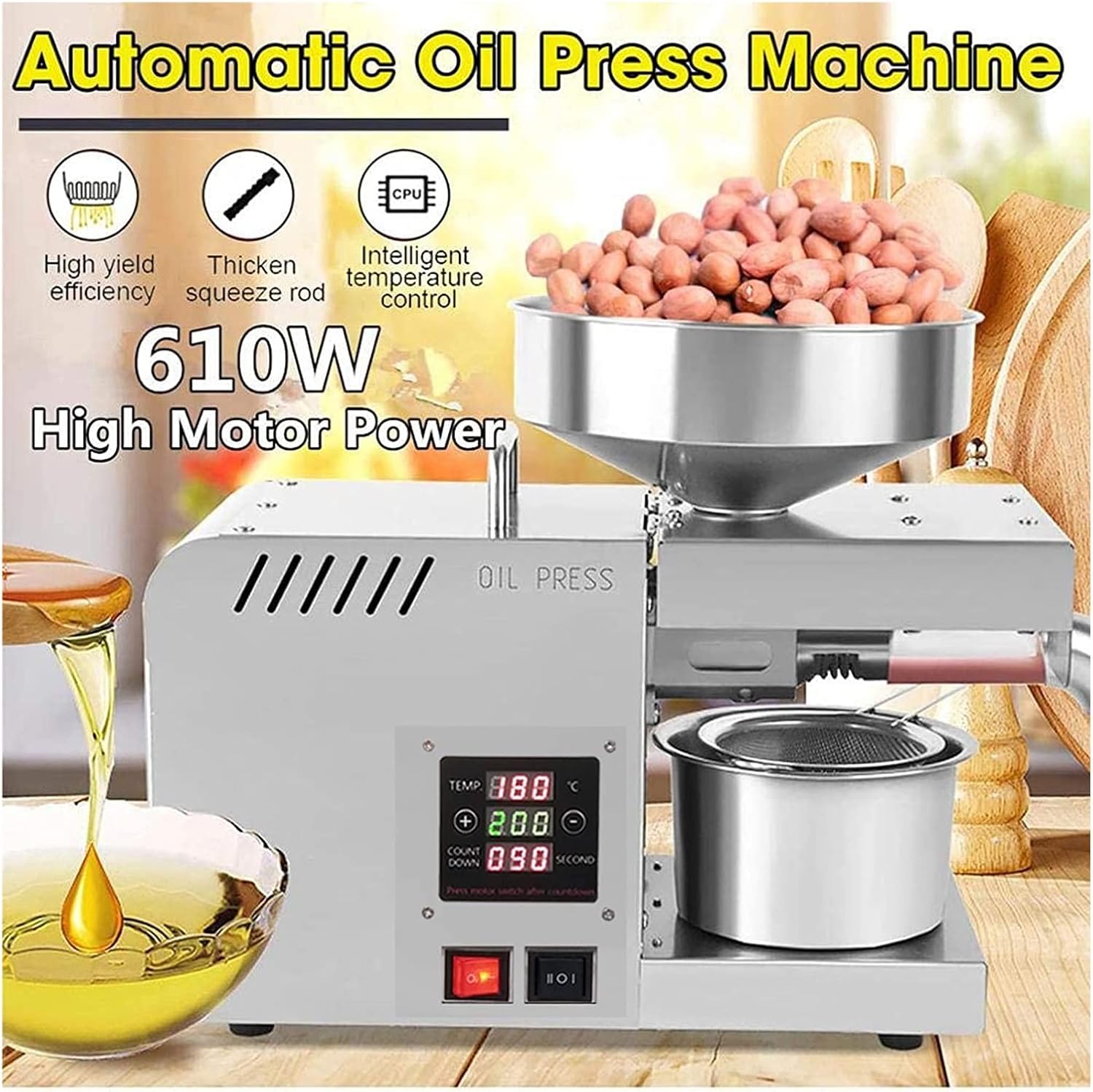 Oil Press Machine Stainless Steel Household 610W Oil Press with Intelligent Temperature Control System Suitable for Peanut Pecans Flax Seeds Almonds Canola Soybean