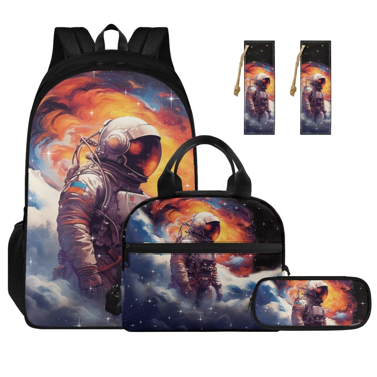 Ystardream Fashion Elementary Backpack with Lunch Box Set for Boys Astronaut School Bag for Teen Kids Backpack with Front Pockets Lightweight Pencil Case & Bookmark for Student Back to School Gift