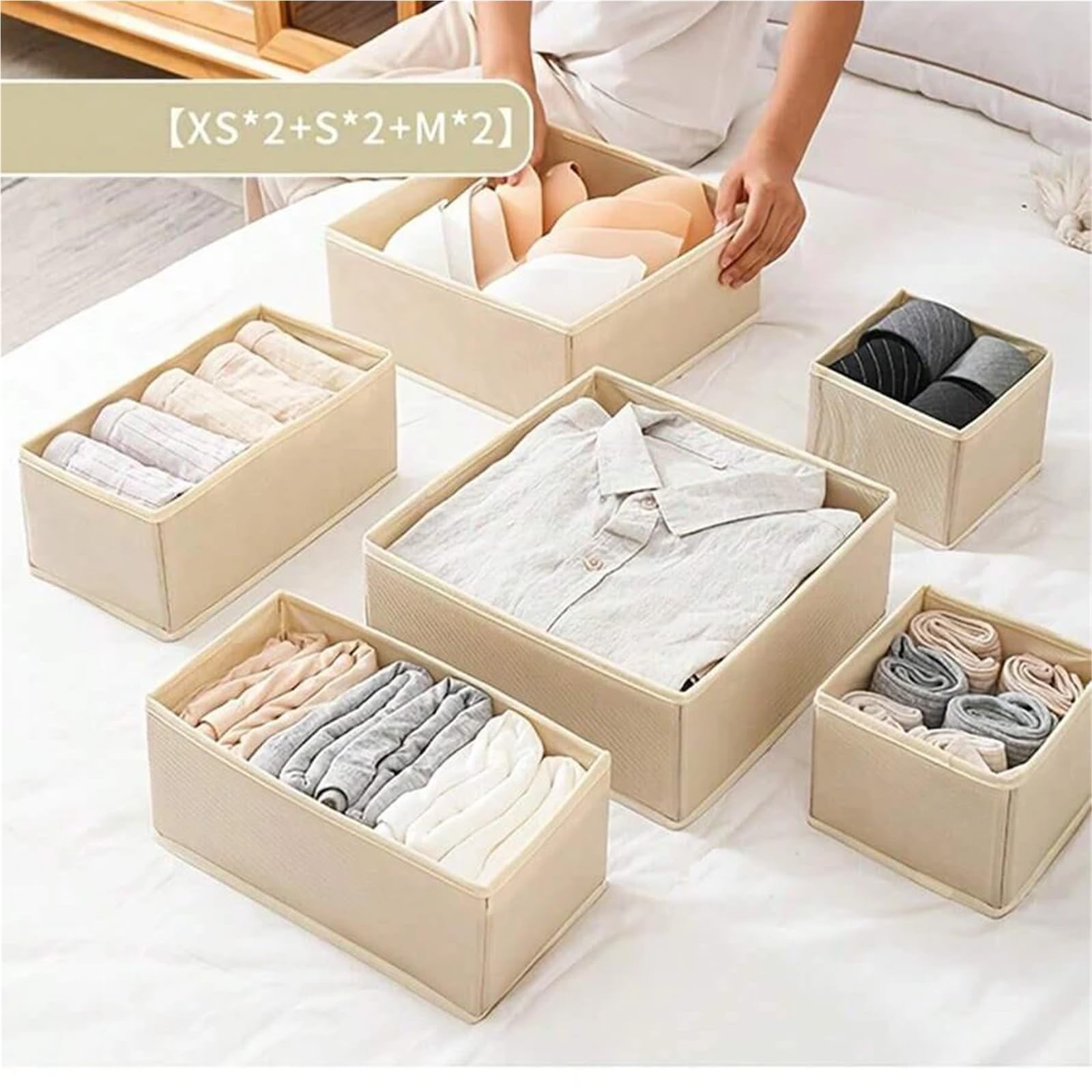 Organizador Calcetines Juego de organizador de ropa interior plegable de 6/12 piezas • Cajas de almacenamiento duras(12 pcs beige)