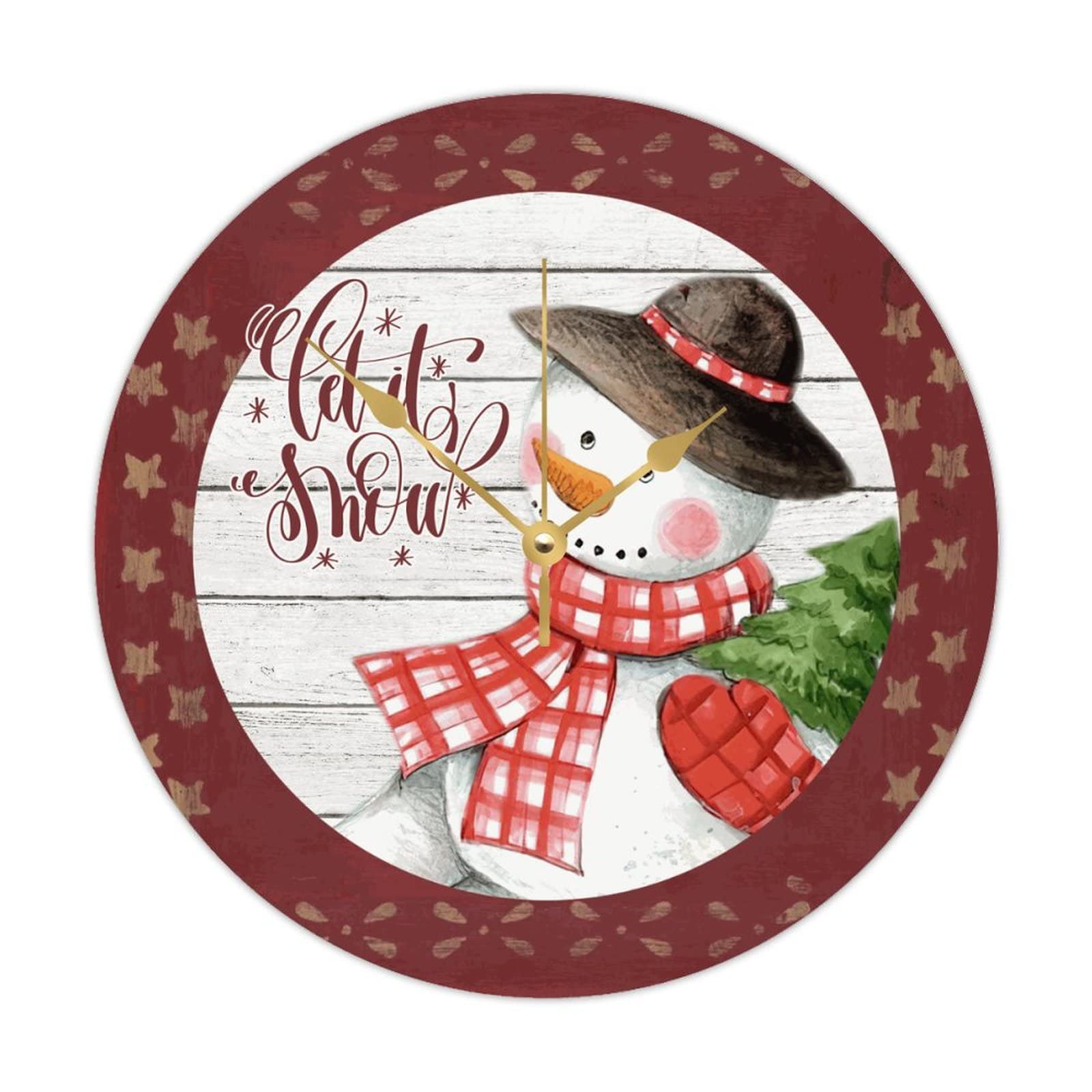 Horloge ronde en bois Let It Snow rustique et silencieuse de 38 cm pour decoration de salon