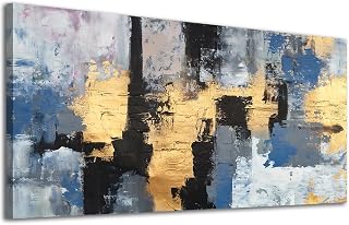 ADJUVANT Wall Art Abstract Blue and Gold Blocks 40" L x 20" W, Bold Color - Block Canvas Painting Geometric - Style Artwork Metallic Accents Prints Modern Wall Decor for Living Room Bedroom