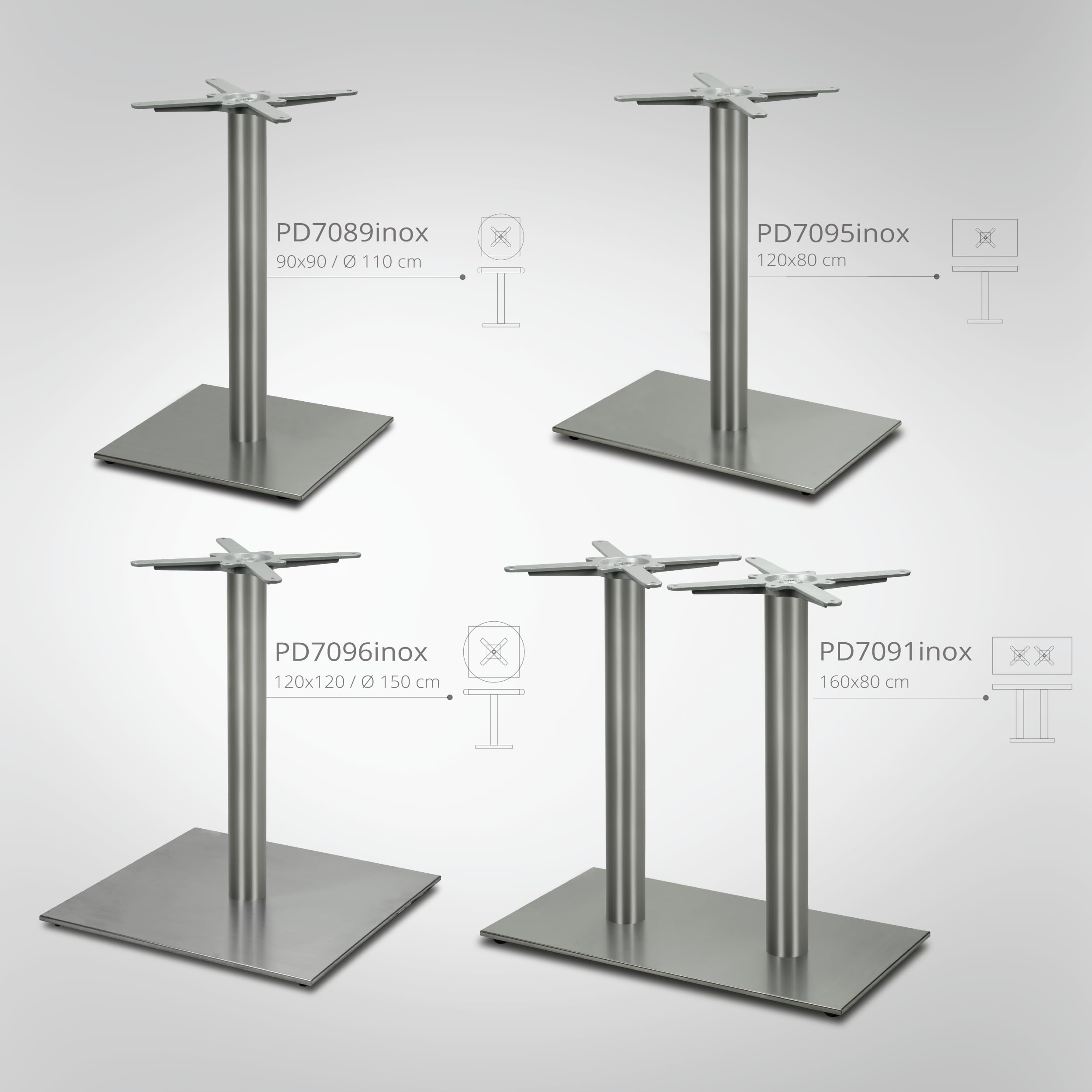 Base per Tavolo da Pranzo Premium in Acciaio Inossidabile - PD7096inox - Gambe per Tavoli (Altezza: 73 cm, Peso: 33 kg) - Max. Dimensione della Tavola: 120x120 / Ø 150 cm