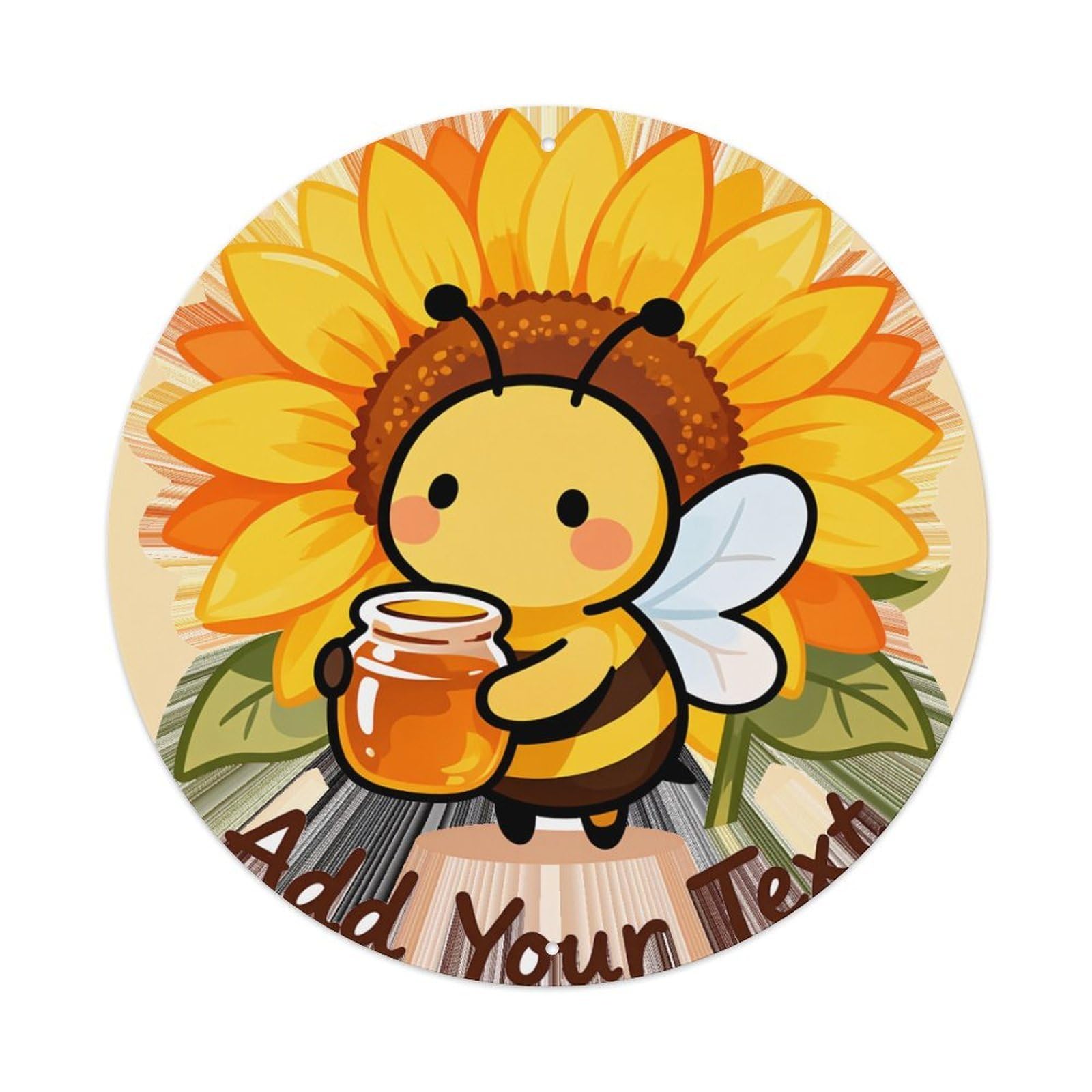 Cute Bee With Honey Jar And Sunflower Round Tin Sign Retro Metal Sign for Cafe Bar Pub Home Game Room Gym Club Wall Decoration Vintage Metal Poster 8x8 Inch