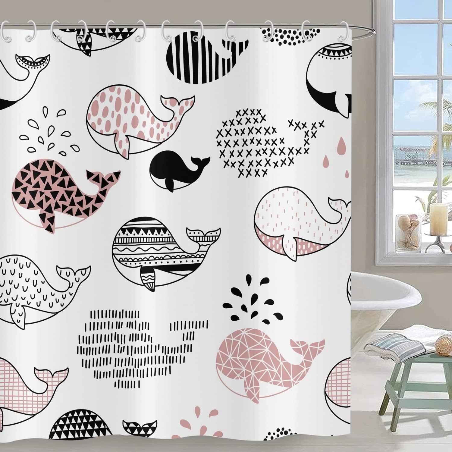 Générique Nowoczesna i prosta zasłona prysznicowa wieloryby poliester odporny na pleśń zmywalny wodoodporny materiał zasłony do wanny 240x200 cm z 12 haczykami A894