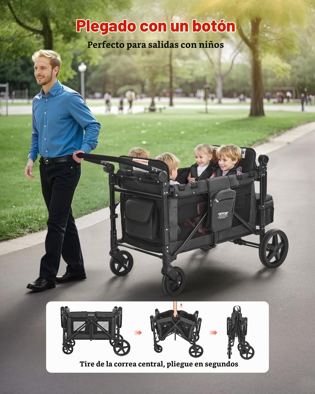 VEVOR Cochecito Plegable para 4 Niños, Acero al Carbono, con Asa Ajustable, Arnés de Seguridad y Capota Extraíble, 4 Plazas, para Camping, Gris Oscuro y Negro(Carga 150 kg), 1650 x 725 x 1250 mm