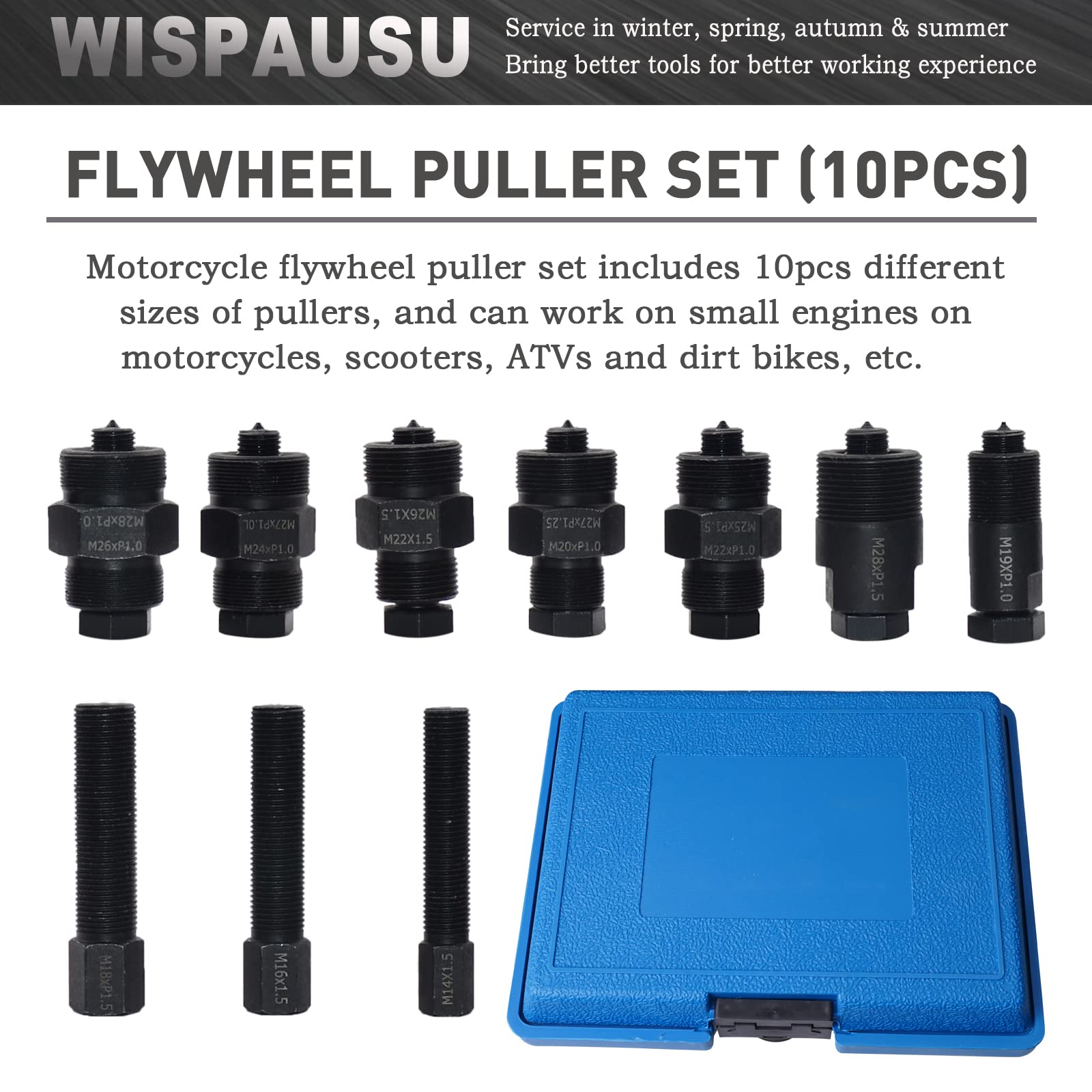 Kit de Extractor de Volante de Motocicleta para Motor pequeño, 14 mm, 16, 18, 19, 20, 22, 24, 25, 26, 27, 28 mm, 10 Tiradores de Volante de inercia para Motocicleta (Azul)