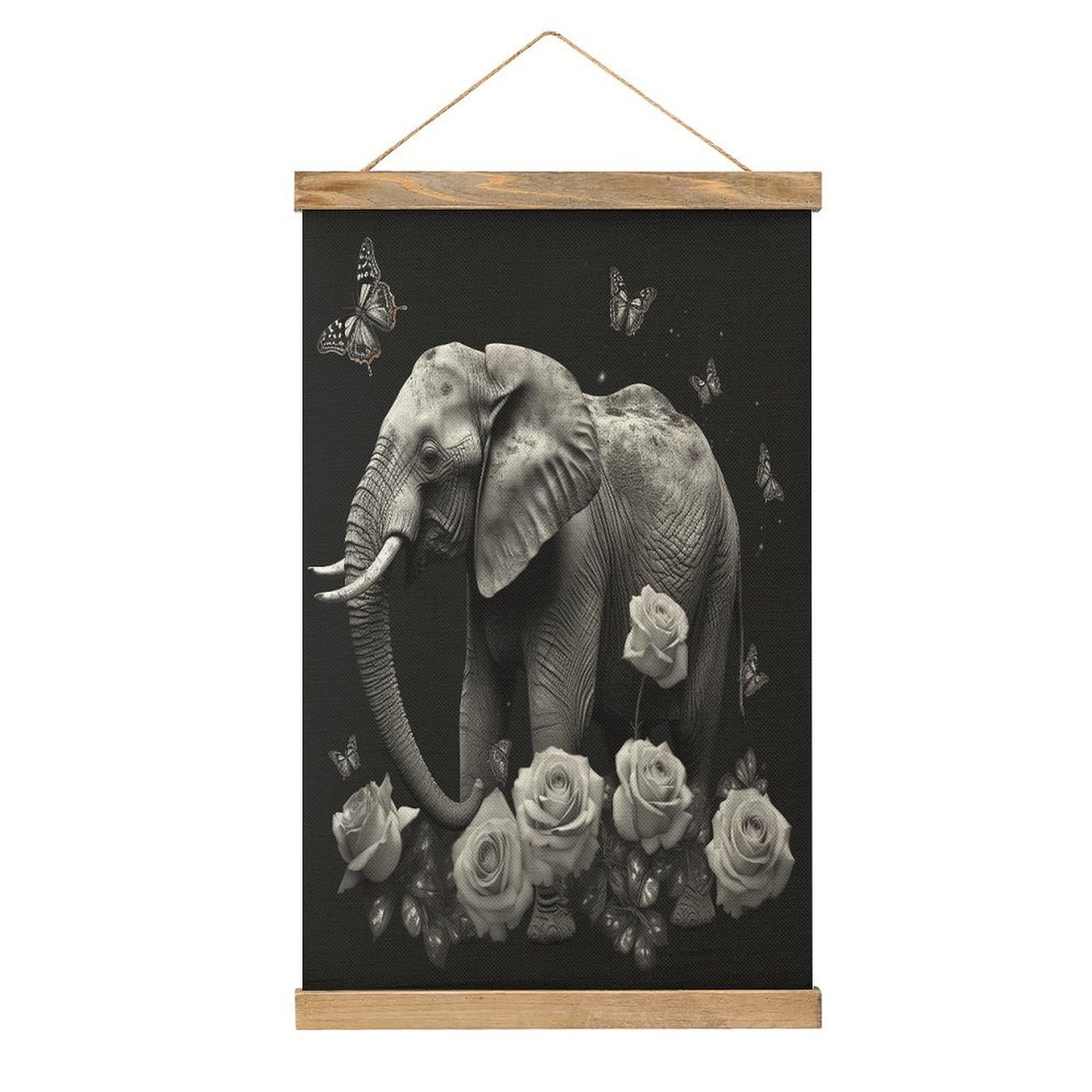 VstaDank Elephant And Butterfly Hanging Poster with Wooden Frame Modern Linen Hanging Painting Retro Style Wall Decor Art Painting for Living Room,Bedroom Decor Poster Frame 20.4x13.1inch