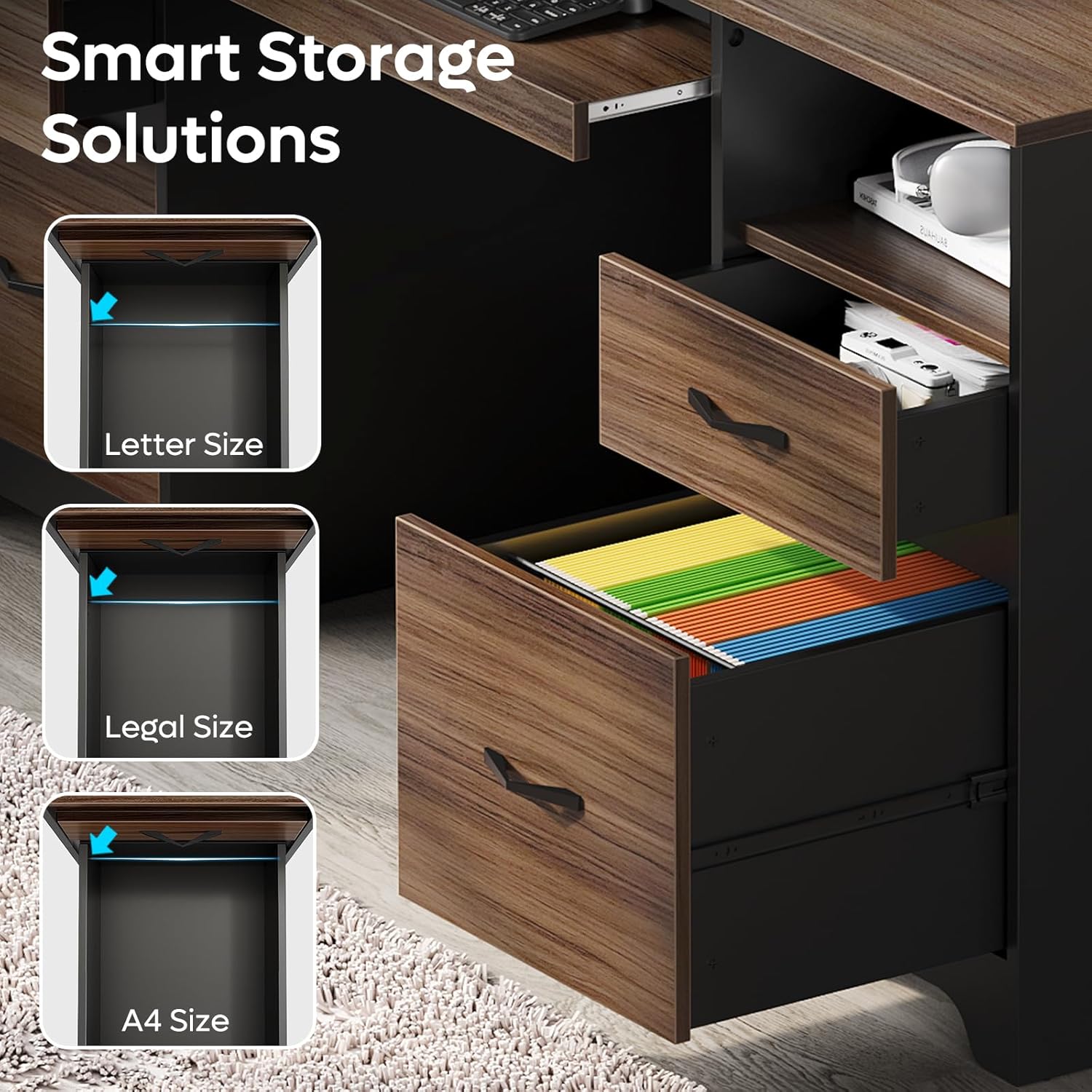 Smart storage solutions with file drawers for letter, legal, and A4 size documents