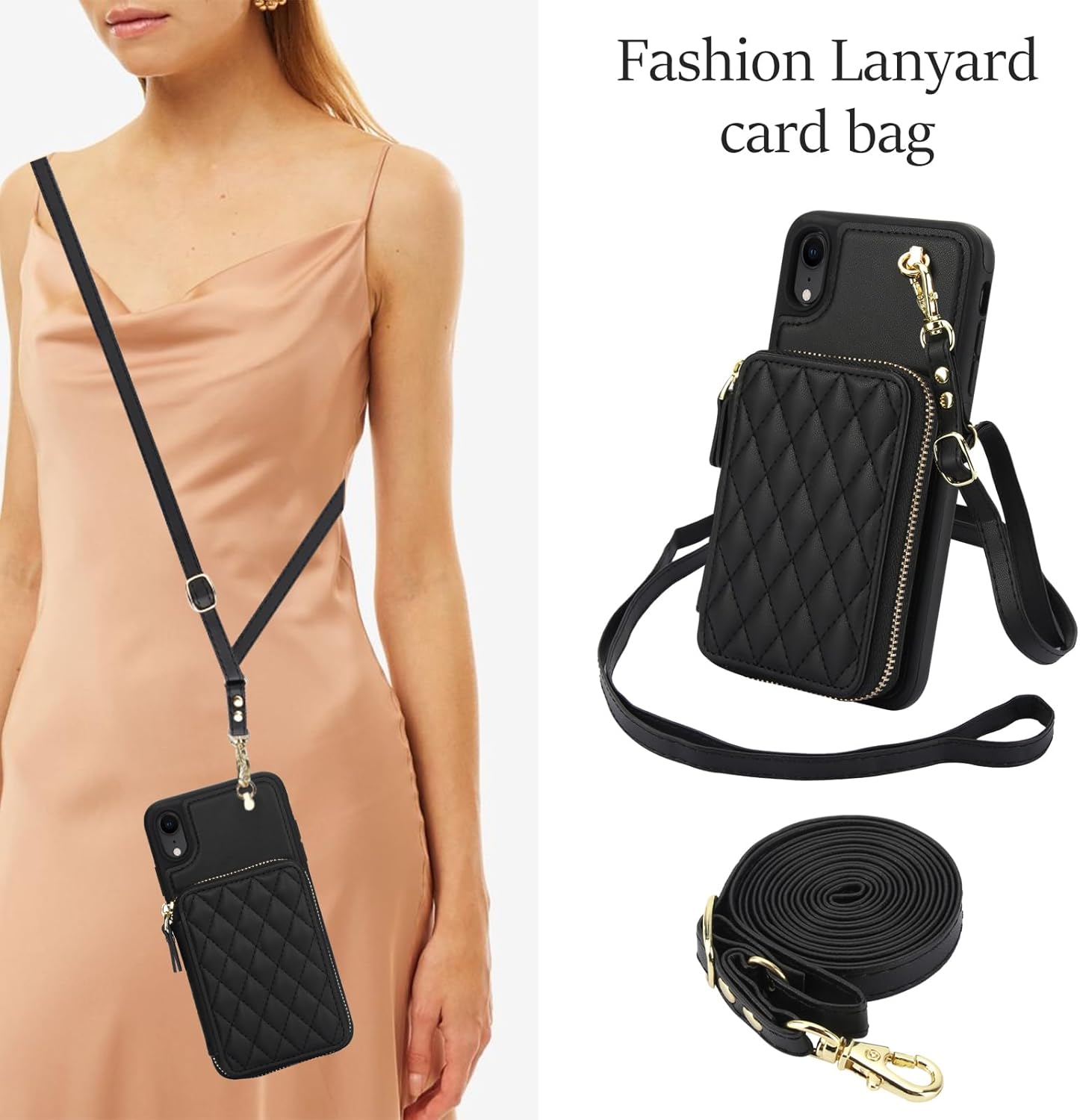 Wefor Compatible with iPhone XR Case Wallet Case Crossbody for Women, Zipper Phone Case with RFID Blocking Card Holder Wrist Strap Purse (Black)