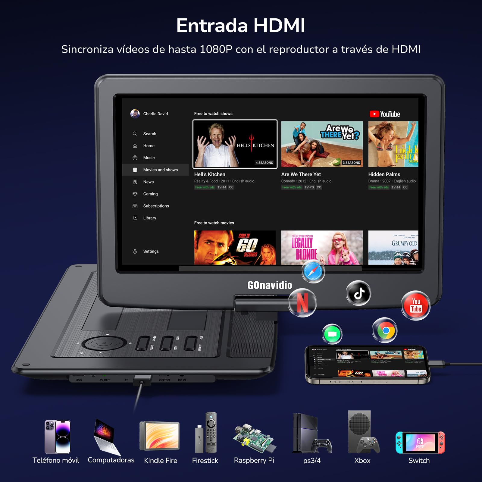 GOnavidio 17,9" DVD Portátil para Coche Niños con HDMI Pantalla Ancha de 16", Reproductor de DVD con Batería Recargable de 6 Horas, Soporta USB/SD, MP4, MKV