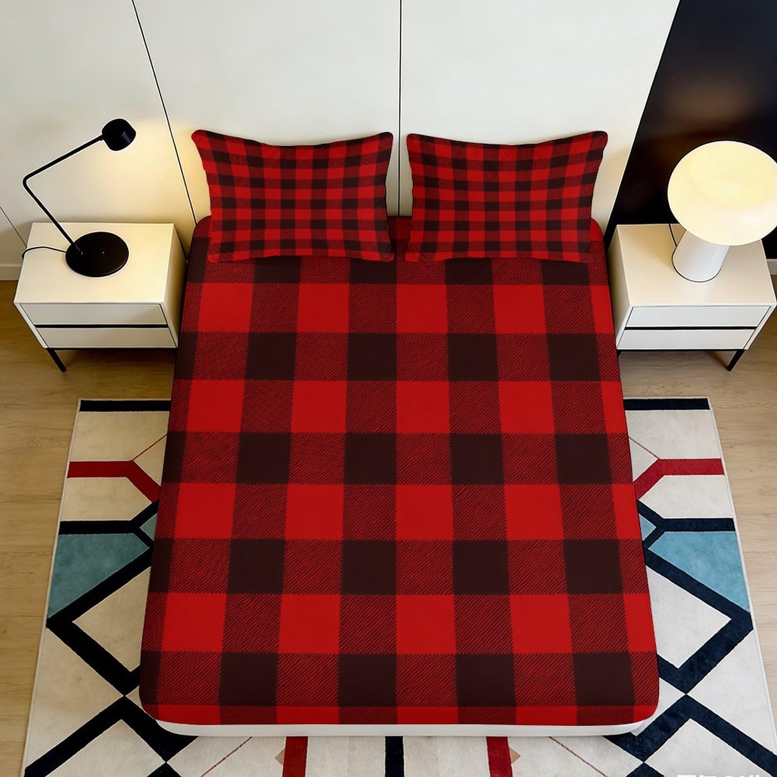 3D Printed Plaid Fitted Sheet Microfiber Deep Pocket Bedroom Plaid Mattress Fitted Cover Elastic Hem Non-Slip Washable Protection 120x200x25cm