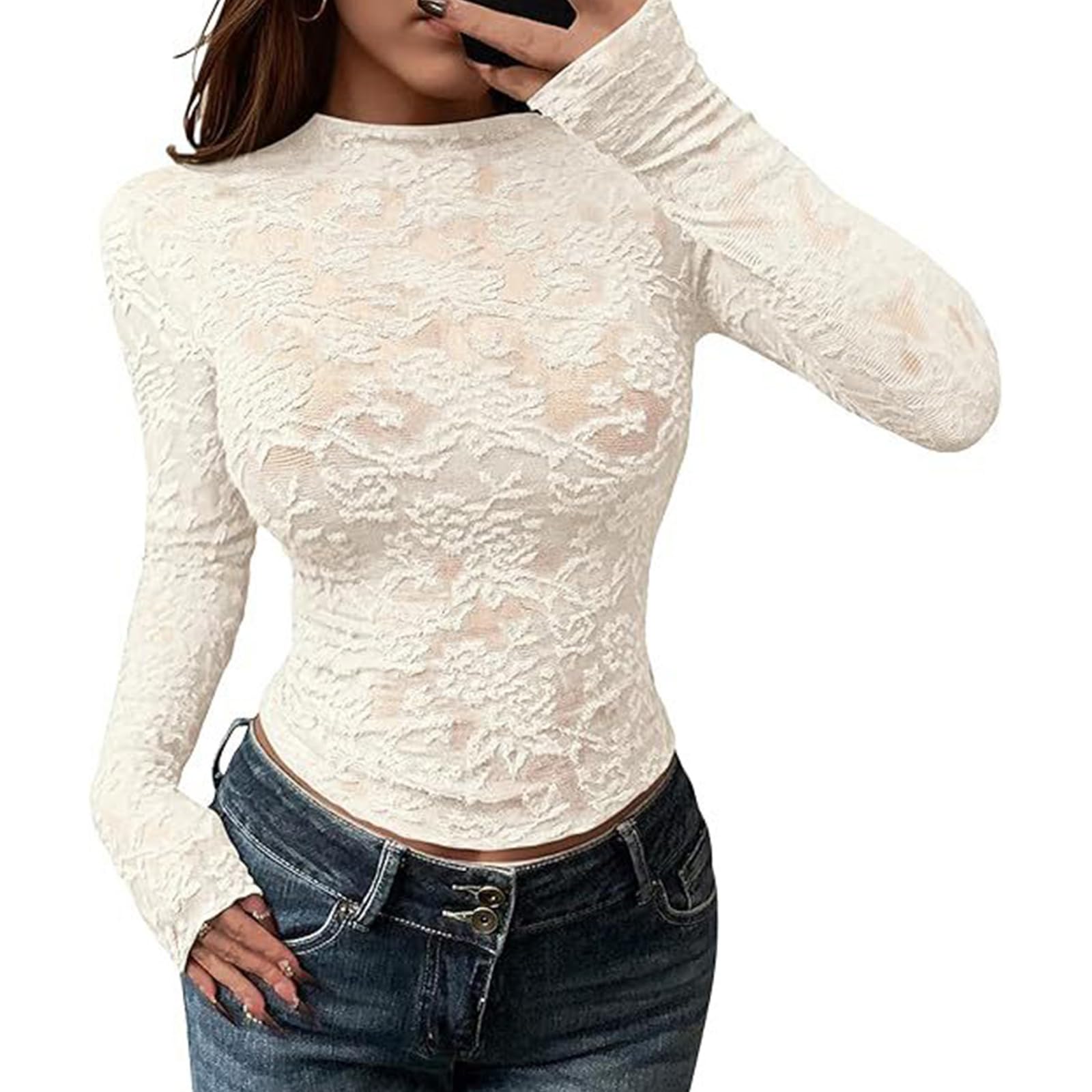 Tsophreniq Unisex Apricot Women ' S Aesthetic Sheer Mesh Long Sleeve Mock Neck Fitted Crop Top See Through Flower Lace T-Shirt Blouse Clubwear Fashionable Women ' S Top