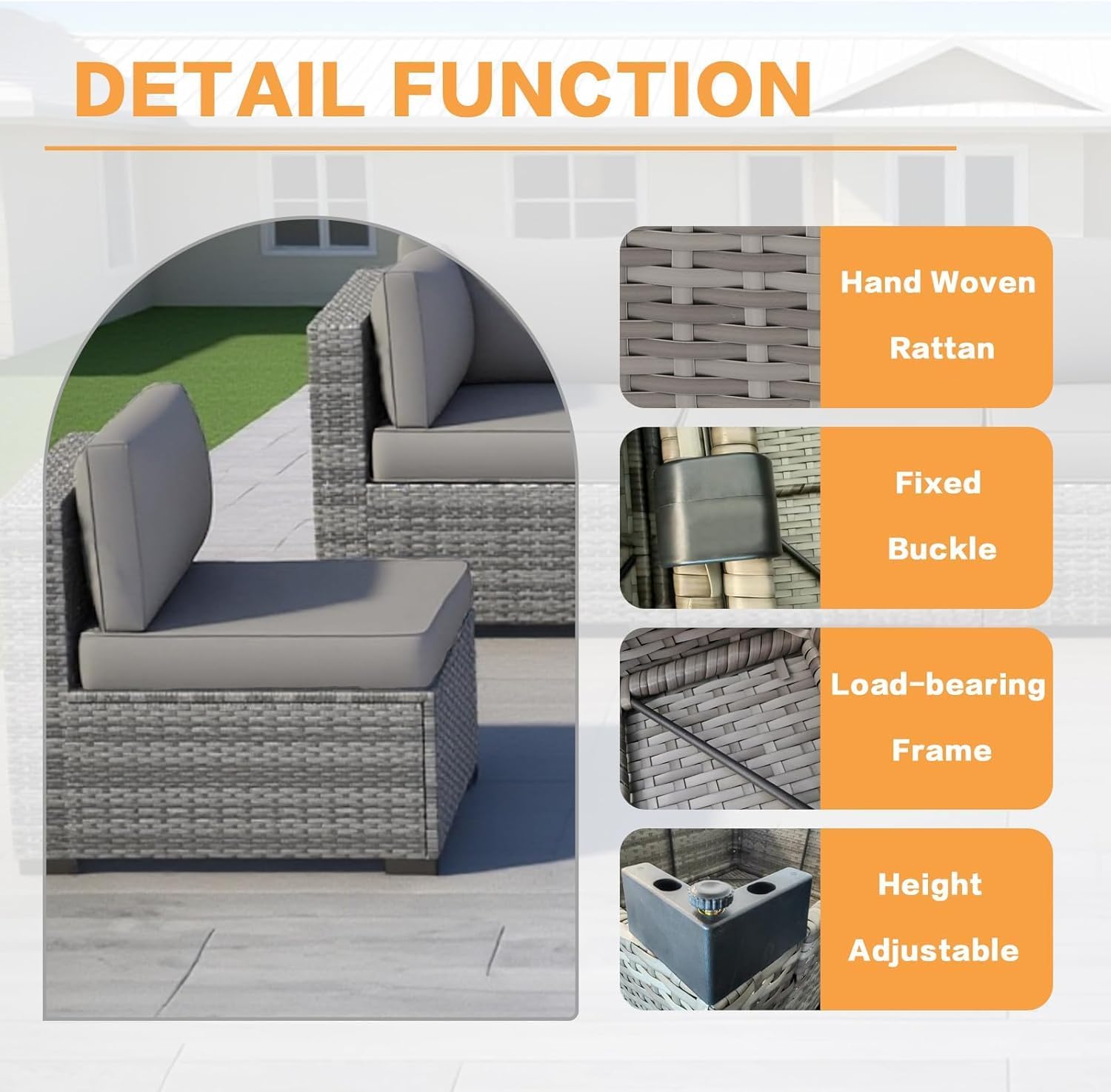 MOCHITO 7 Pieces Outdoor Patio Furniture Sets, All-Weather Sectional Sofa Grey PE Rattan Wicker Conversation Set with Glass Table and Washable Grey Cushions for Backyard,Sunroom,Garden,Porch