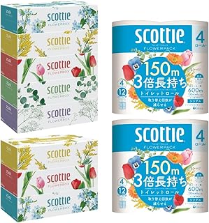 【スコッティ】ティシュー フラワーボックス 250組(5箱パック×1セット・3箱パック×1セット)+フラワーパック 3倍長持ち(4ロール(シングル)パックx2セット)ティッシュ トイレットペーパー 日用品