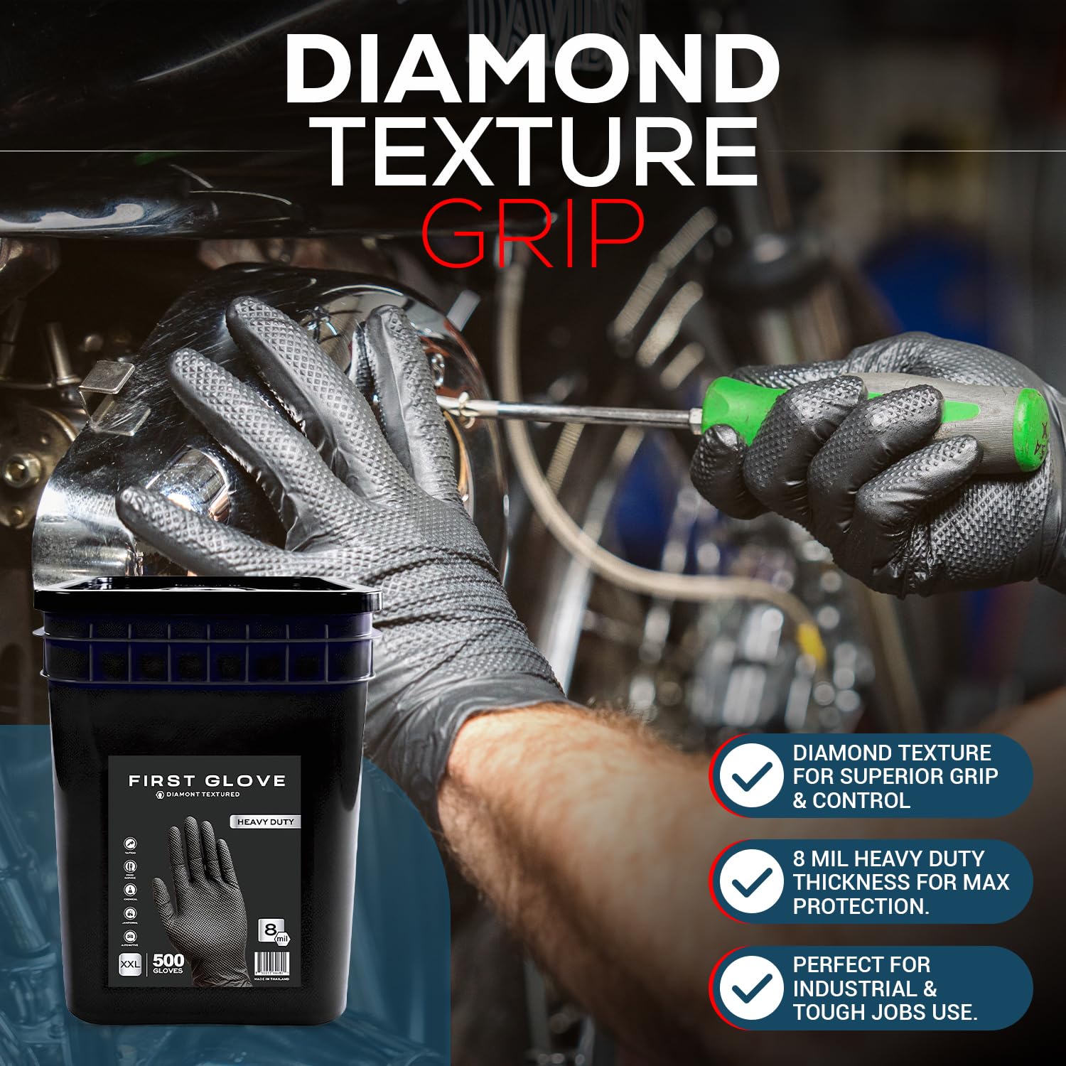 First Glove 8 Mil Black Nitrile Gloves Bucket - 500 Count Large - Raised Diamond Textured Heavy Duty Industrial Gloves for Automotive & Mechanic Work - Latex Free, Powder Free, Bulk