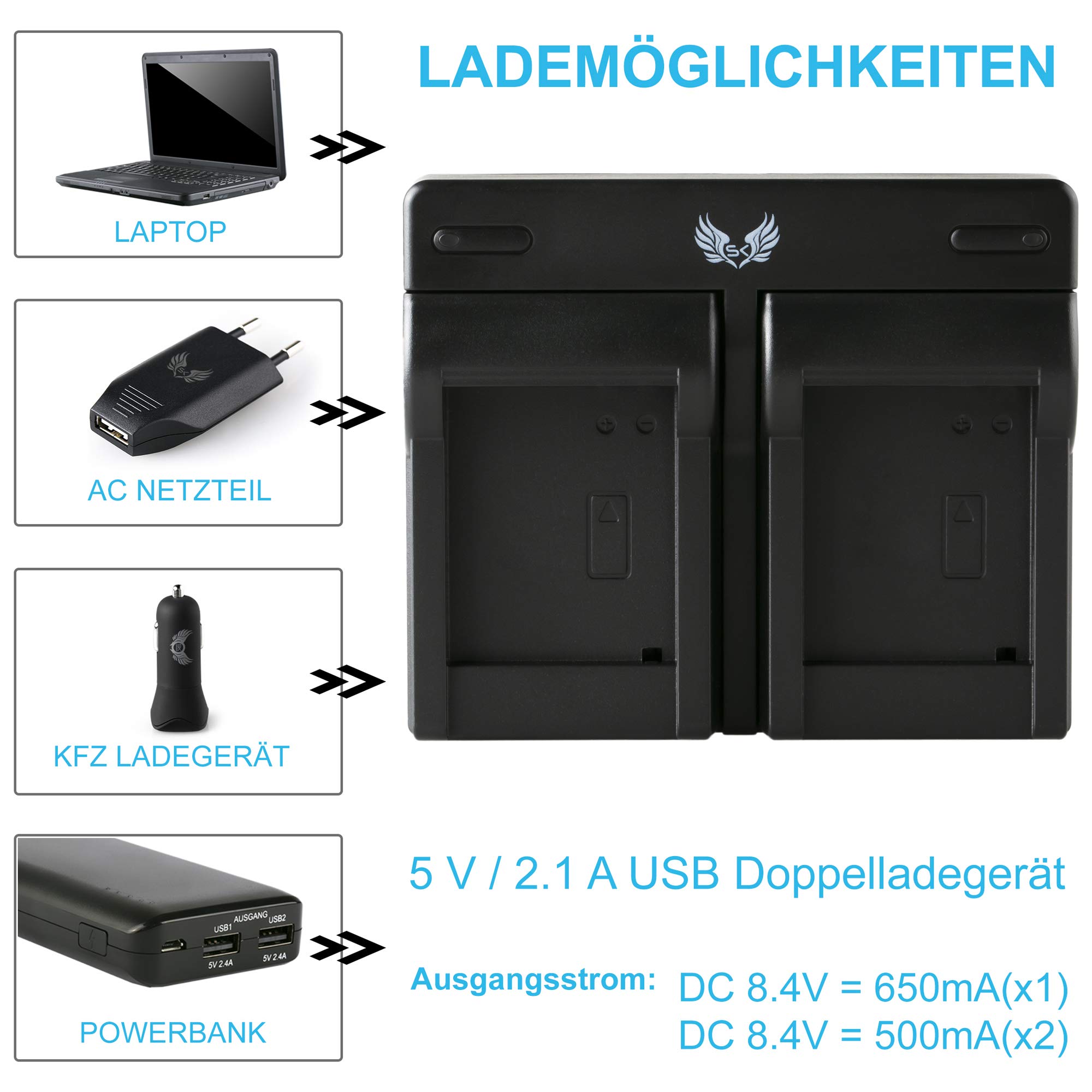 2X SK Akku Olympus BLN-1 1140mAh + Dual Doppel Ladegerät für Olympus OM-D E-M1 E-M5 E-M5 Mark II/Pen E-P5 Pen-F | PS-BLN-1