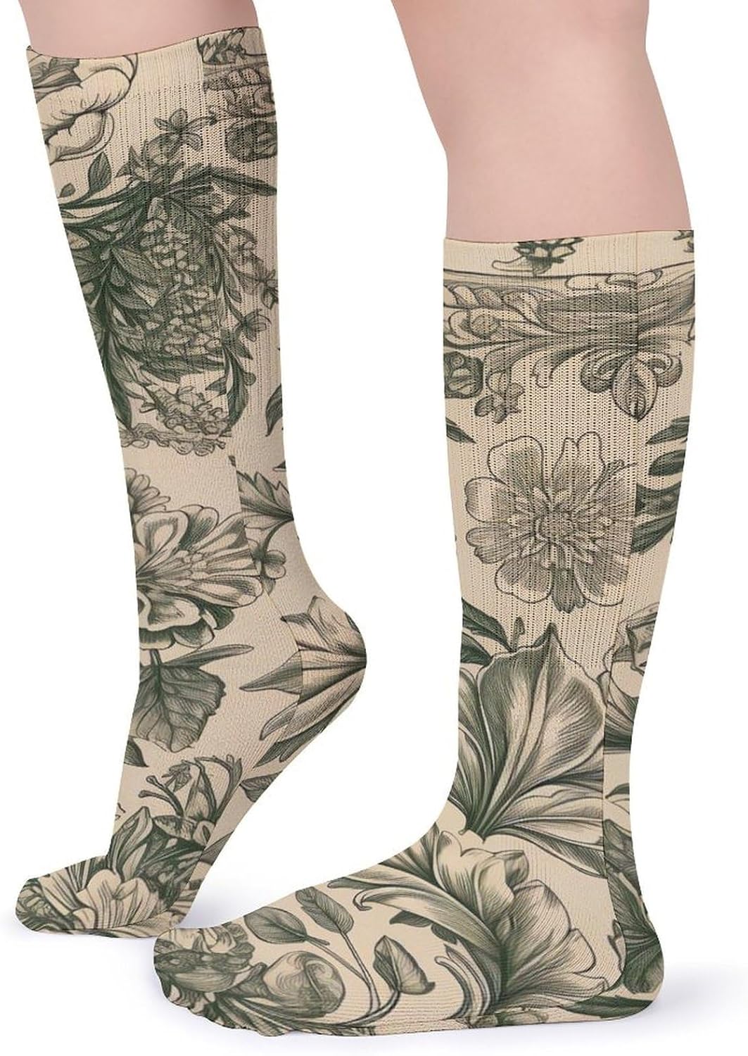 Breathable Crew Sock, Moisture Wicking, Athletic Calf Socks, Cozy | Light Green And Beige Compression Socks for Women Men, Lightweight High Work Socks for Business, Casual