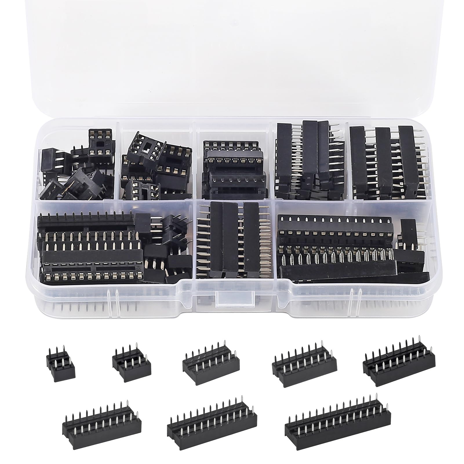 66 Pieces 2.54 mm Pitch DIP IC Sockets Adaptor Assortment Kit 6 8 14 16 18 20 24 28 Pin