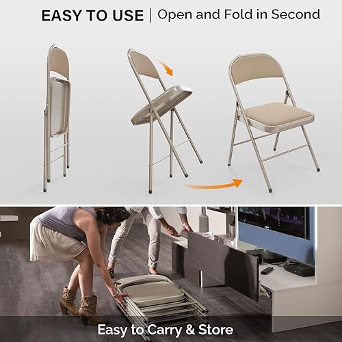 Miniatura 7 de VINGLI Paquete de 4 sillas plegables con asientos acolchados, marco de metal con asiento y respaldo de tela, capacidad de 350 libras, color caqui,