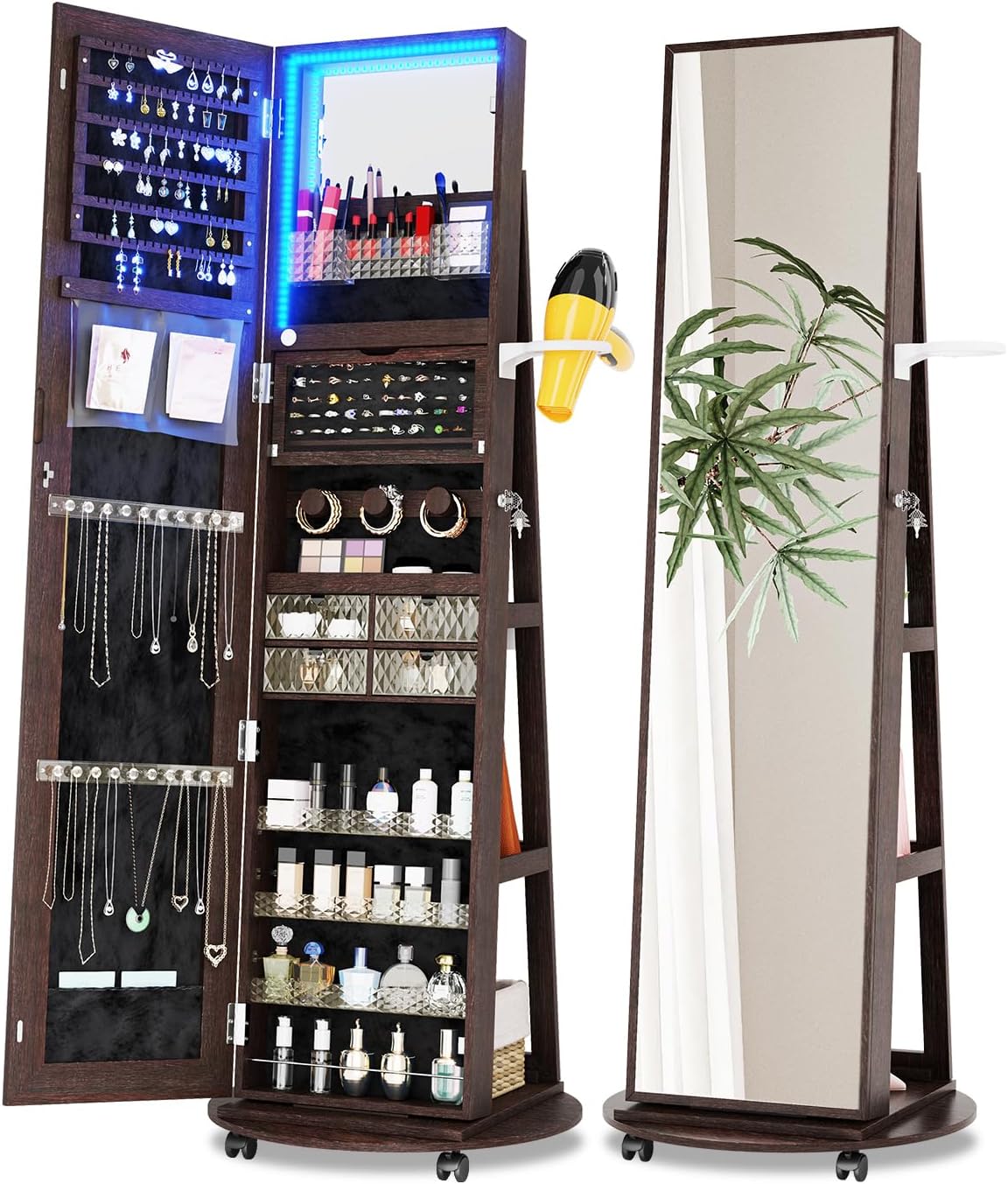 360 Rotating Jewelry Armoire Organizer with Lights, Lockable Cabinet Standing, Perfect for Christmas Gifts (Brown)