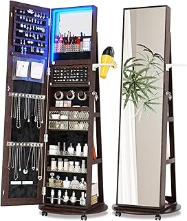 360 Rotating Jewelry Armoire Organizer with Lights, Lockable Cabinet Standing, Perfect for Christmas Gifts (Brown)