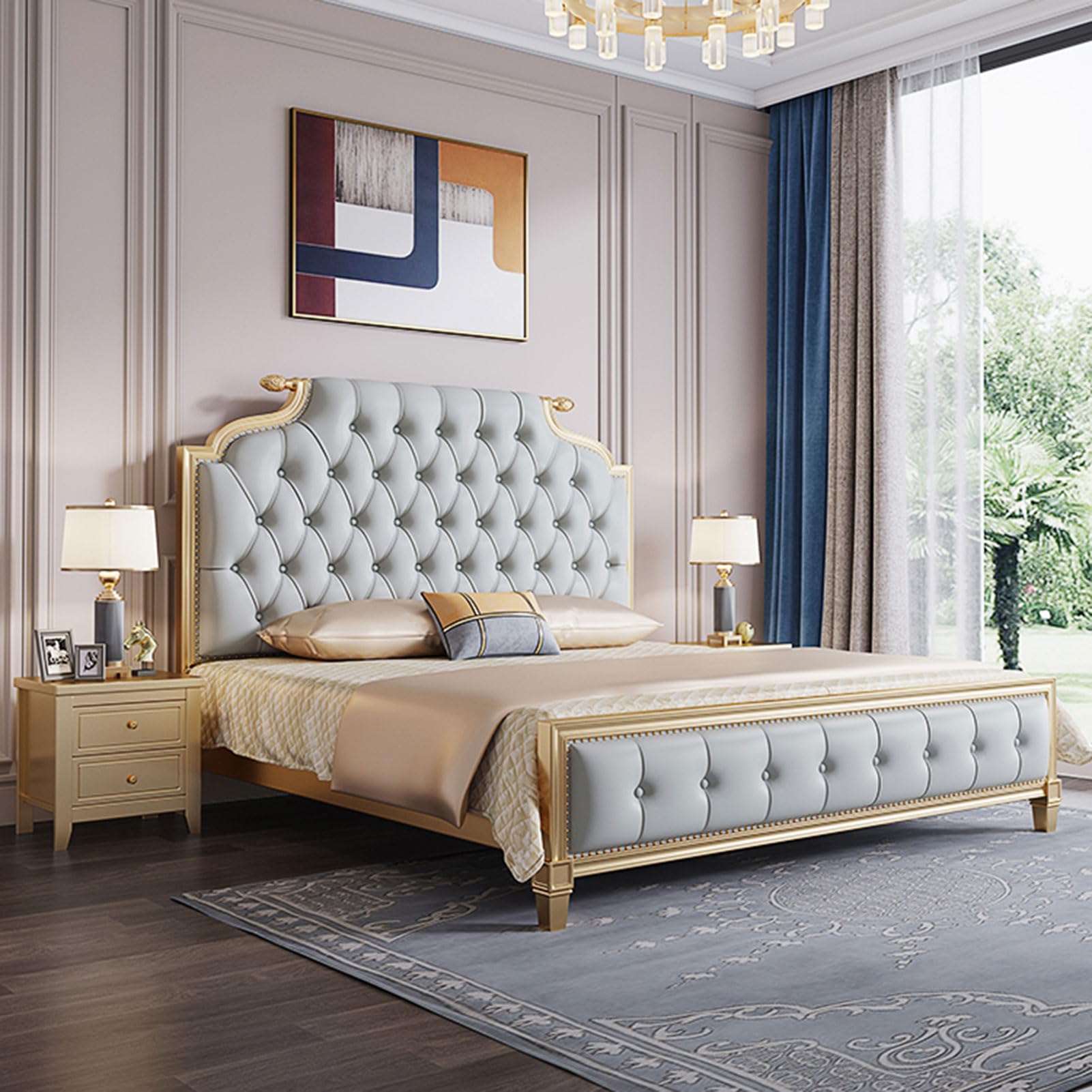 Luxury King Size Genuine Leather Wood Bed Upholstered Platform Bed Frame with Headboard and Lift Up Storage Wooden