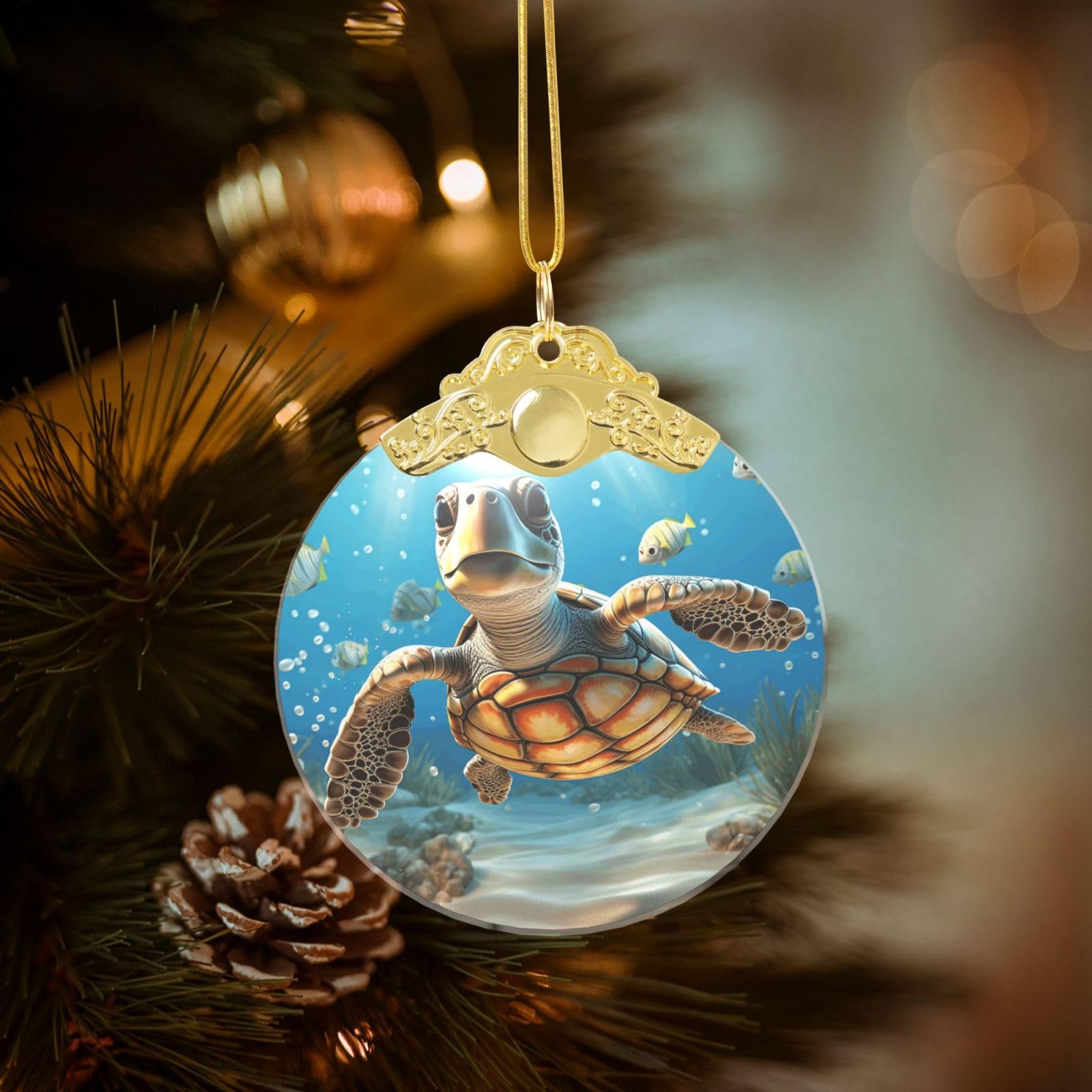 Crystal Christmas Ornaments for Christmas Tree Decoration Hanging Cartoon Sea Turtle Ornament with Gold Ribbon Crafts Round Pendant for Keepsake Gifts Glass Xmas Decor Party Supplies