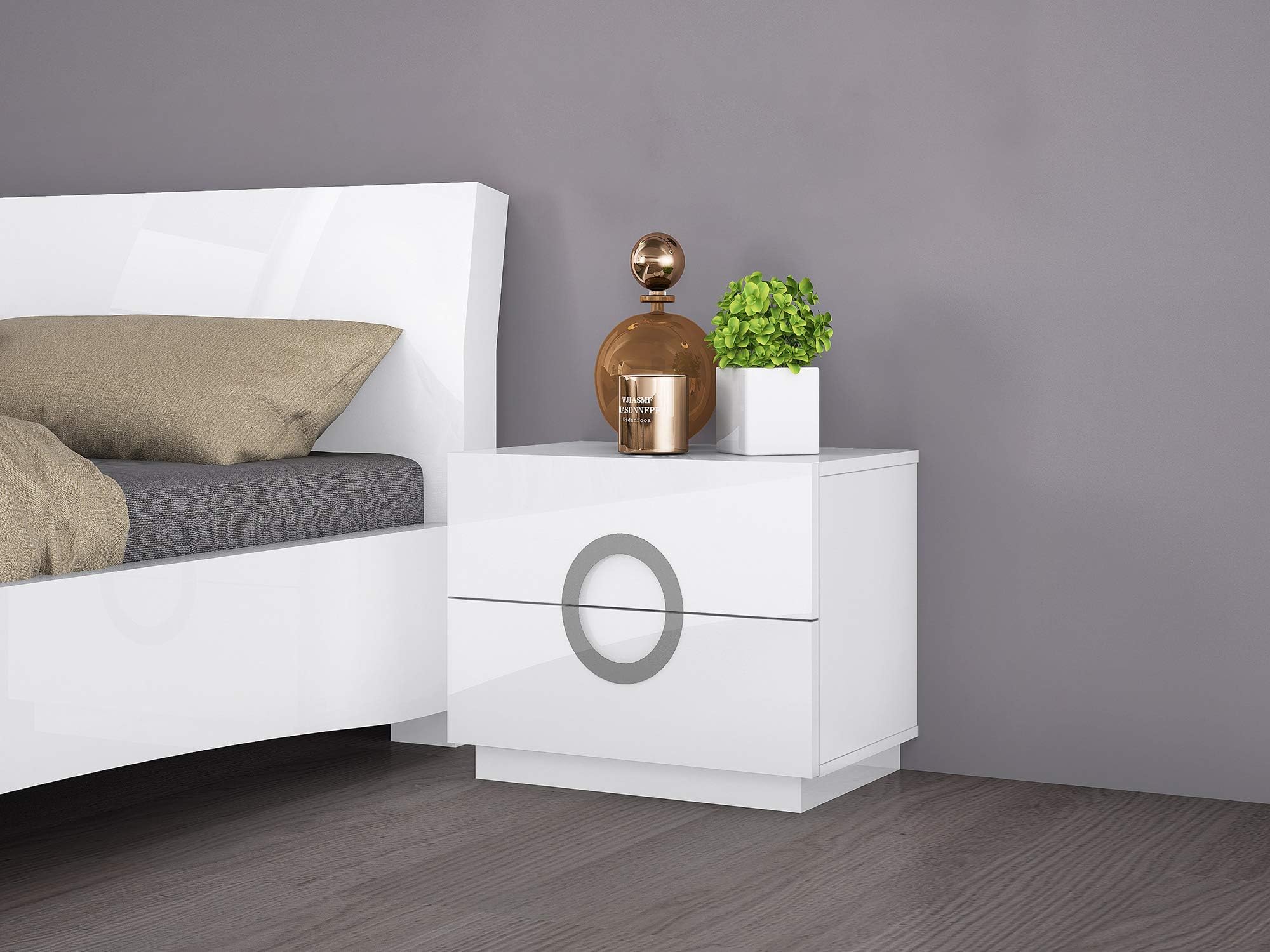 Whiteline Contemporary Modern Eddy High Gloss Night Stand with Stainless Steel Handles, Small, White