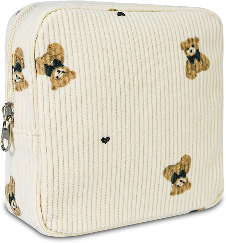 Necessaire de maquiagem AMZMA em veludo cotelê com zíper, estampa urso bege, 1 unidade