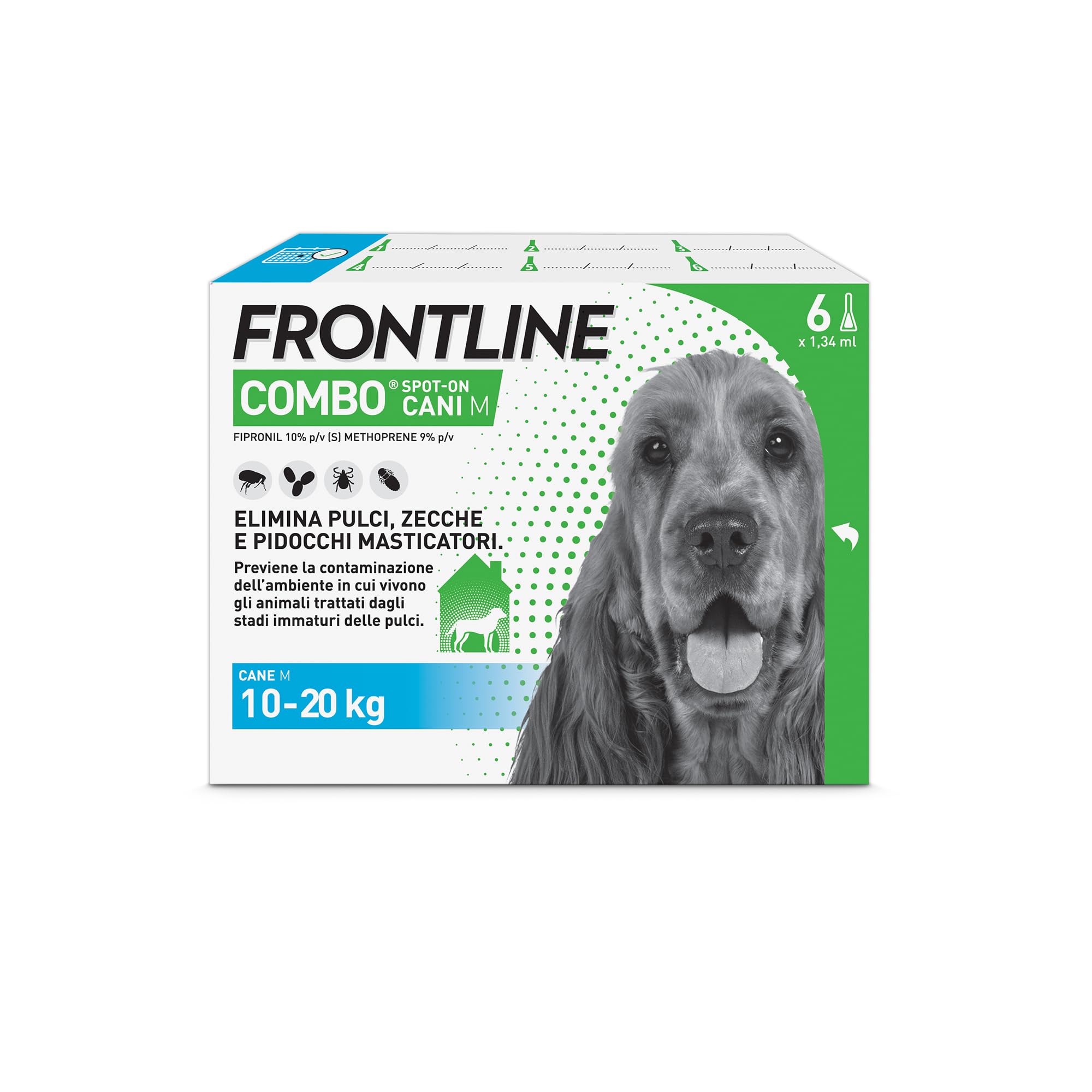 FRONTLINE Combo, 3+3 Pipette, Cane Taglia M (10-20 kg), Antiparassitario per Cani e Cuccioli di Lunga Durata, Protegge il Cane e Anche la Casa da Pulci, Zecche, Uova e Larve, Antipulci 6 Pipette