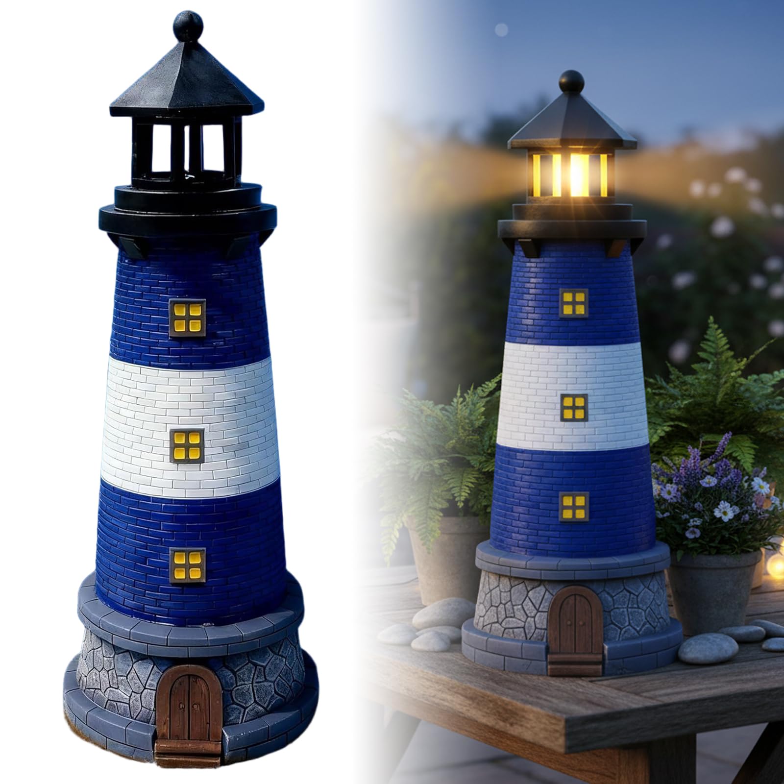 Leuchtturm Solarleuchte Solar Leuchtturm, Automatisch Drehbar Wasserdicht Außen für Hof, Terrasse, Boden, Tischdekoration, Blau