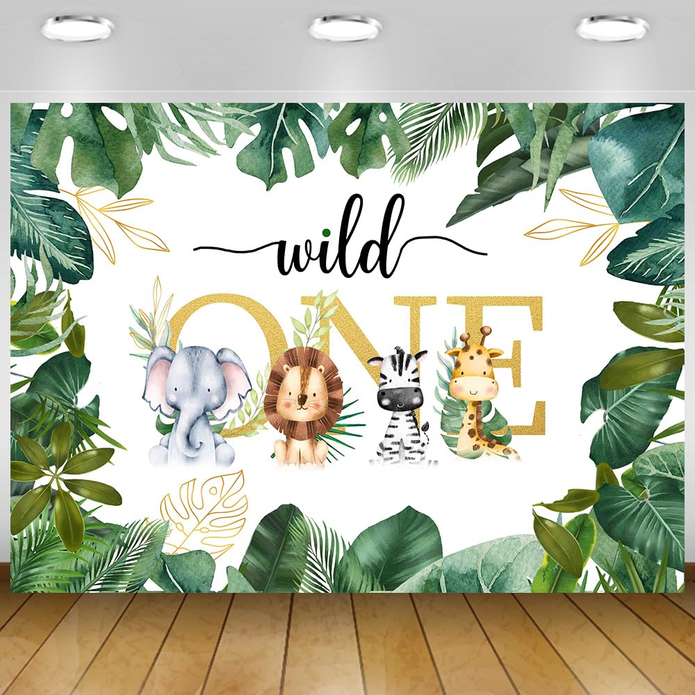 Safari Wild One Jungle Animal Birthday Banner for Boys - Tropical Palm Leaves First Birthday Party Backdrop Decorations - Photo Studio Props 7x5Ft