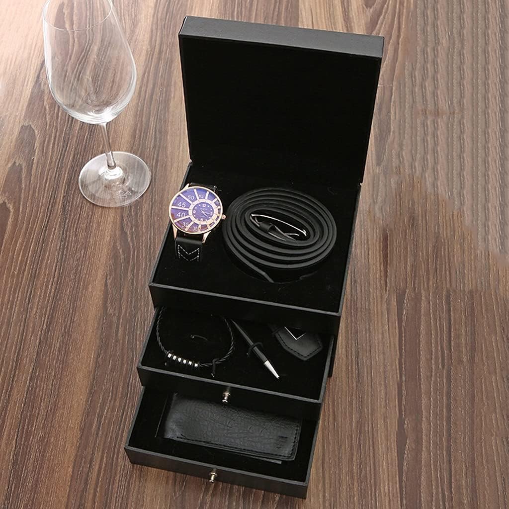 6pcs/Set Men's Gift Set Fashion Business Gift Box 3-Layers Watch Leather Belt Bracelet Wallet Keychain Pen for Men Gifts (Color : Black) (Black)